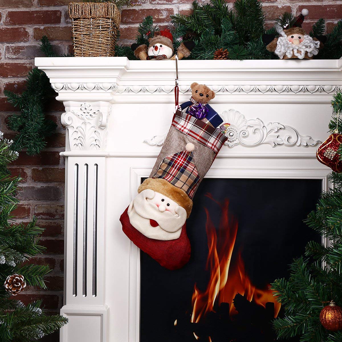 Christmas Stocking 3D Santa Claus Christmas Day Gift Classic Traditional Plaid Adorable Cute Holiday Decoration Ornament Decorate Your Home for Party Office Xmas Tree 18 inch