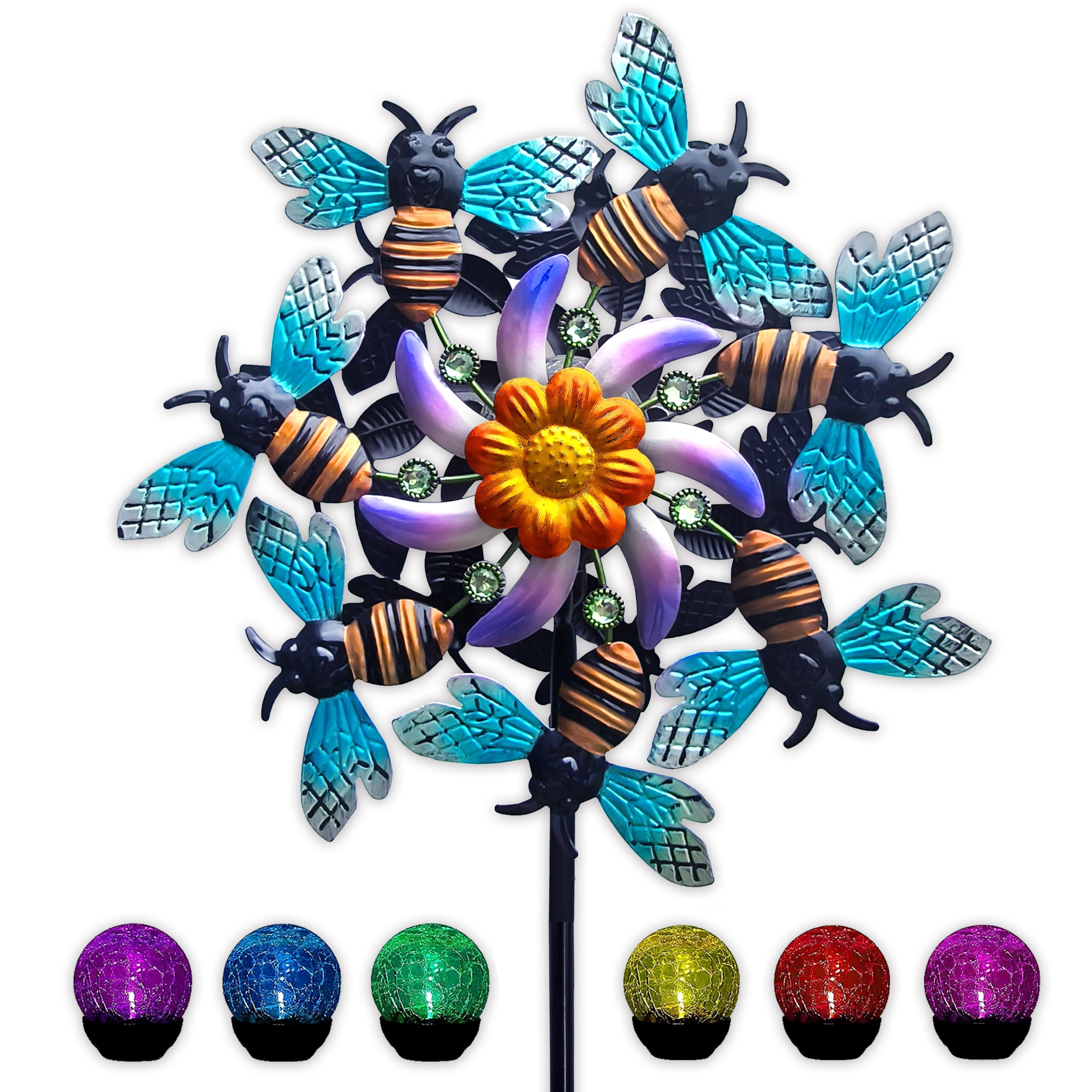 Photo 1 of 60" Bee Solar Wind Spinners Garden Stake- Solar Powered RGB Color Changing LED with Glass Ball- Large Metal Spinnes,Wind Sculptures, Windmills for Yard & Lawn Outdoor Decoration