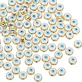 PATIKIL 8mm Evil Eye Beads, 100 Pcs Flat Round Turkish Evil Eye Charm with Golden Edge Spacer Beads Eyeball Bead for Bracelet DIY Necklace Earrings Making, White