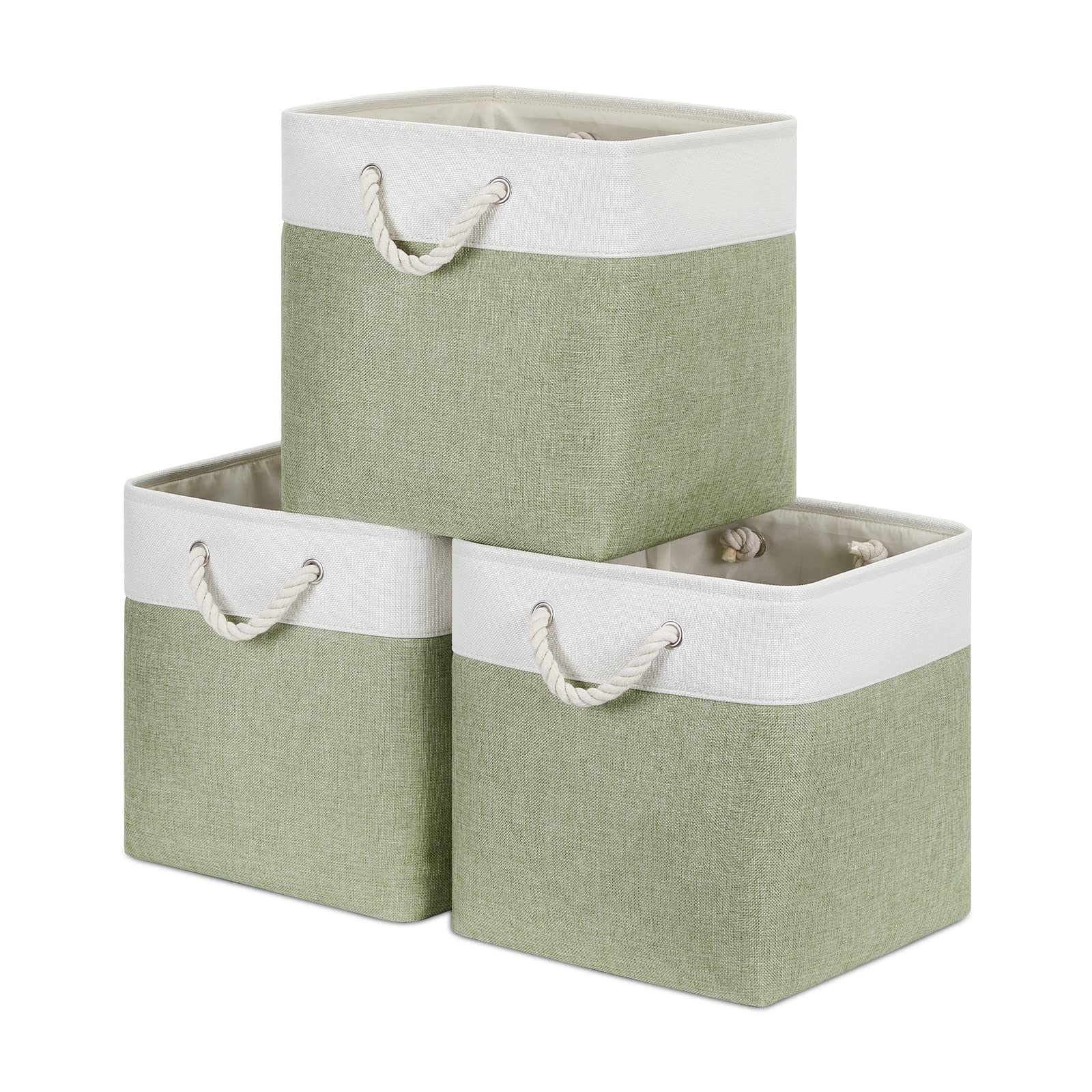 Bidtakay Cubby Storage Bins Set of 3 Fabric Baskets for Shelves Closet Drawer Organizer Storage Cubes 13x13 Collapsible Organization Baskets for Nursery Toy Shelf (White&green) Image