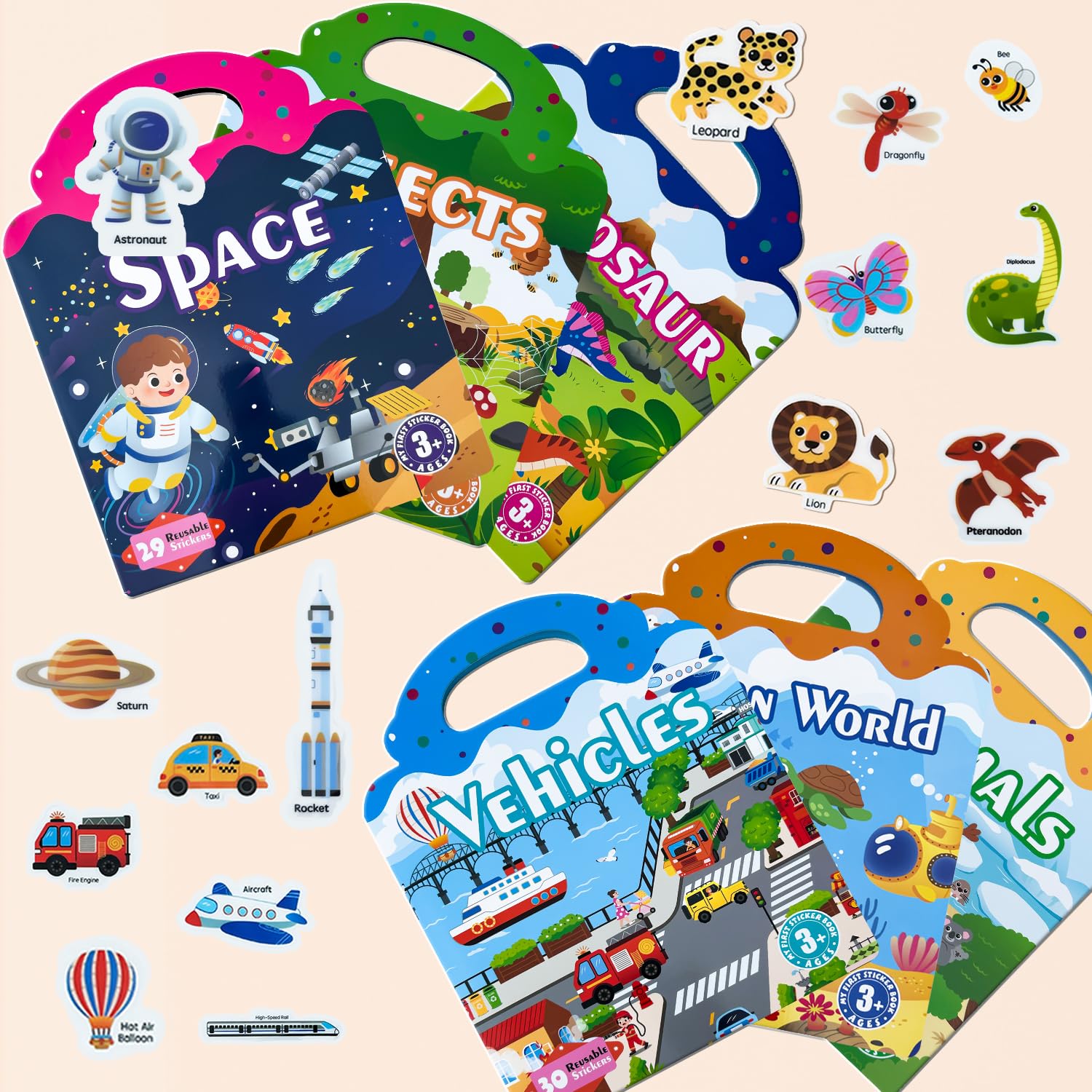 Reusable Sticker Book for Kids 2-6 Years – 6 Adventure Themes (Space, Dinosaur, Insects, Ocean, Transport, Animals) – Waterproof Travel Toy for Fine Motor Skills & Creativity