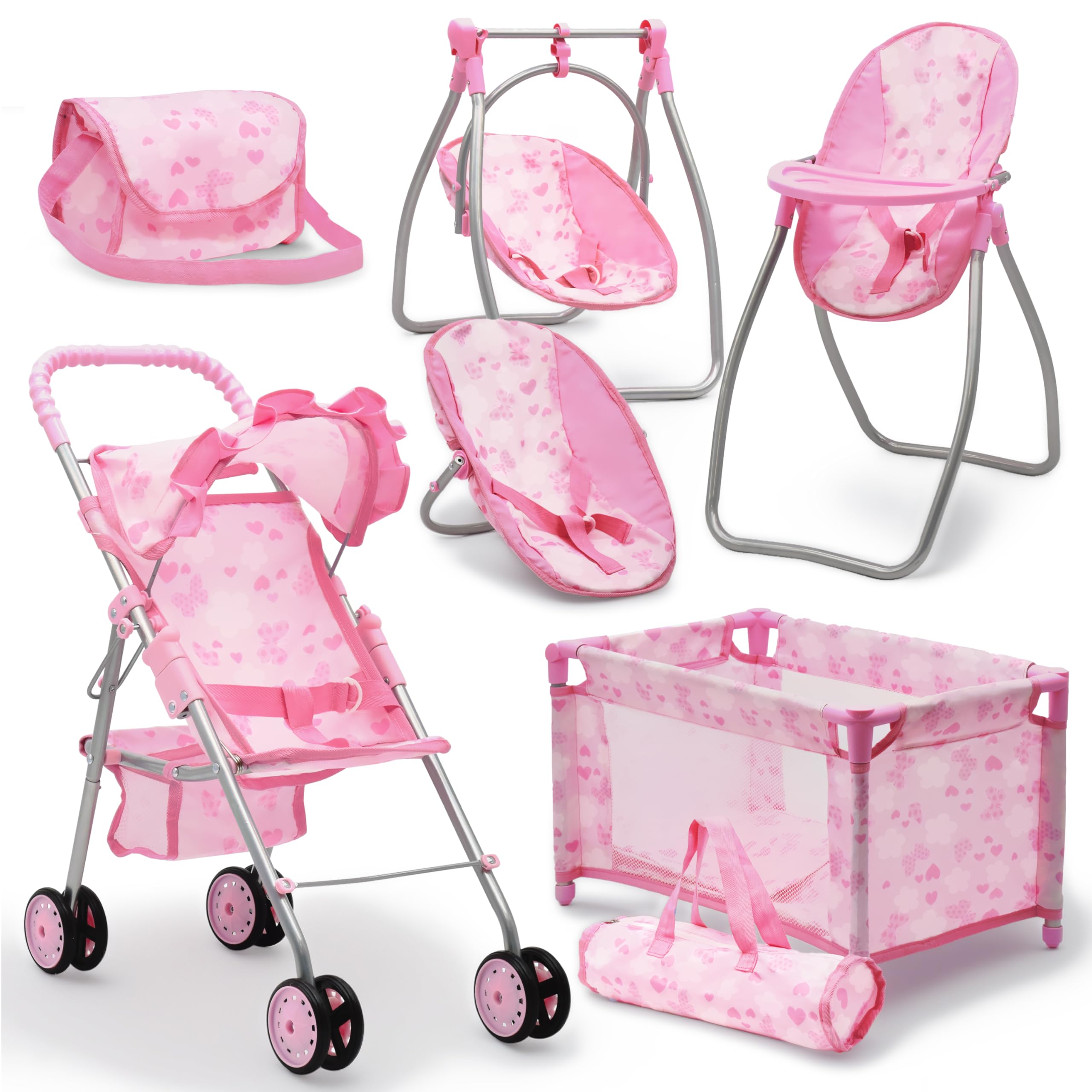 Baby Doll Stroller Bed and Swing Nursery Playset, Baby Doll Accessories Furniture Set Convertible High Chair Diaper Bag Role Play Deluxe Baby Doll Set