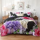 Heymybed Black Quilt Set King Size, 3 Pieces Elegant Floral Bedspread Coverlet Set with 2 Pillow Shams, Soft Microfiber Reversible Quilt Bedding Set for All Season 106"×92"