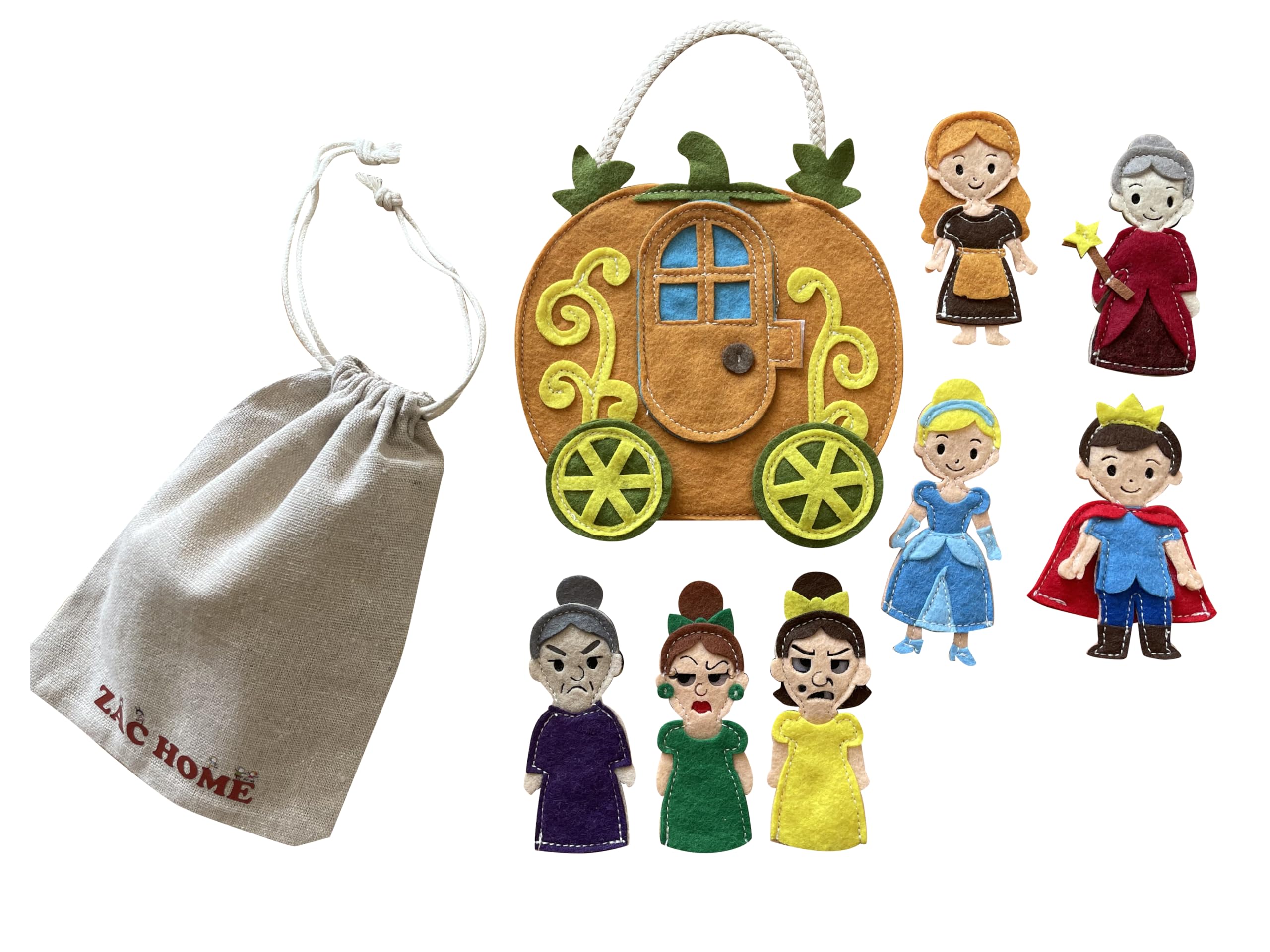 ZAC HOME Cinderella Finger Puppet Set – Princess, Prince, Fairy Godmother, Stepmother, Stepsisters & Pumpkin Carriage – Felt Puppets with Storage Bag for Kids Storytelling and Pretend Play