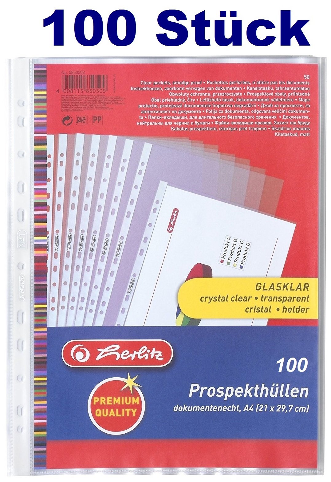 Herlitz 5850508 Premium Document Wallets A4 Transparent A4 2 x 50 Pack of 100