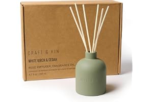 Craft & Kin Christmas Reed Diffuser for Home & Bathroom – White Birch & Cedar Holiday Reed Diffuser Set with Fragrance Sticks, Long-Lasting Alcohol-Free Winter Scent, Earthenware Collection, 6.7oz