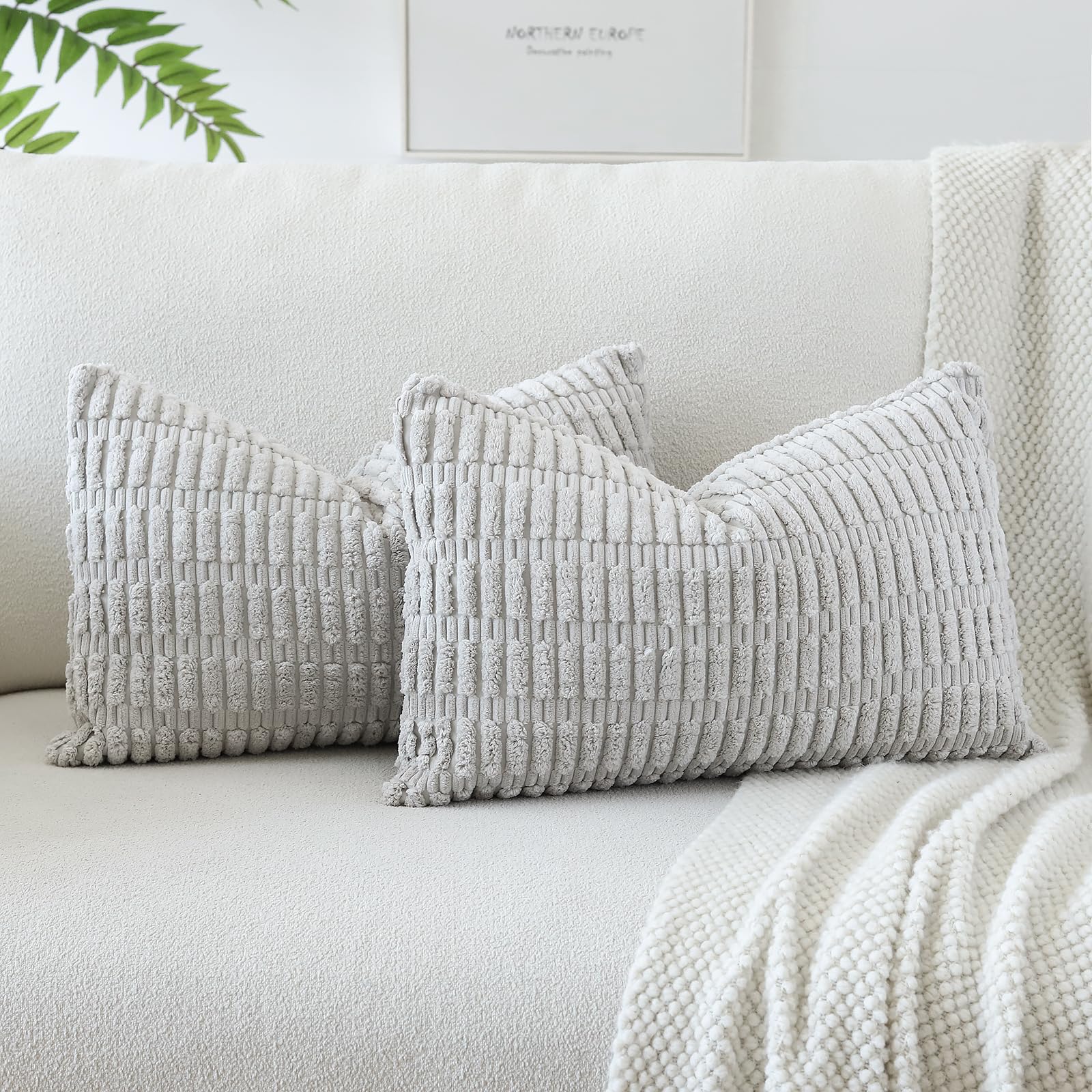 JOTOM Corduroy Soft Striped Throw Pillow Case 40x60 cm Boho Decorative Throw Pillow Covers Lumbar Cushion Case Couch Home Decor Cushion Covers for Sofa Bedroom 16x24 Inch Set of 2 (Light Gray) — image 1
