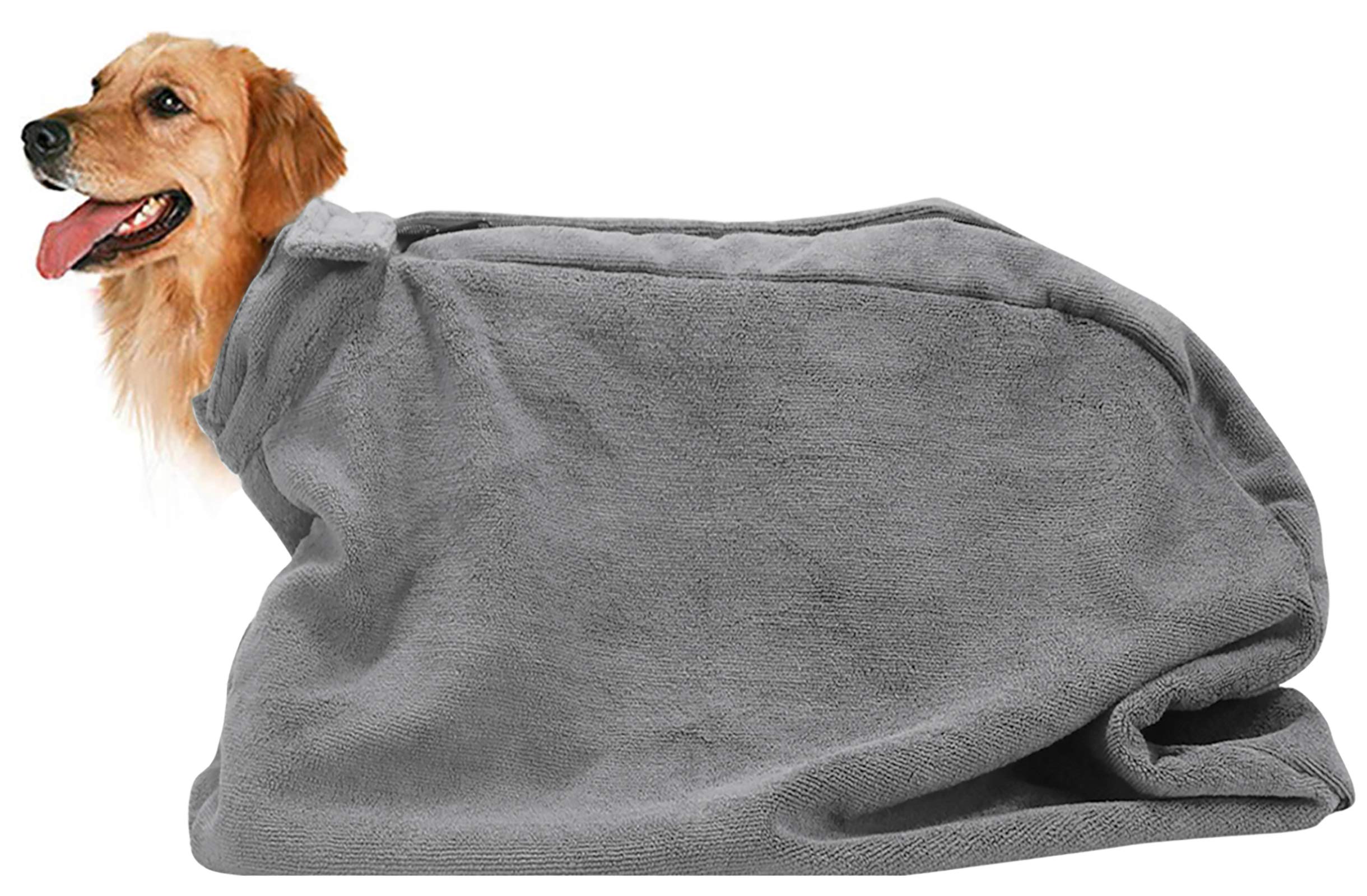 Pethiy Premium Microfiber Dog Drying Bag - Quickly Removes Water Mud and Dirt - Extra Absorbent Towel Solution with Durable Hook and Loop Neck Strap-Gray-L