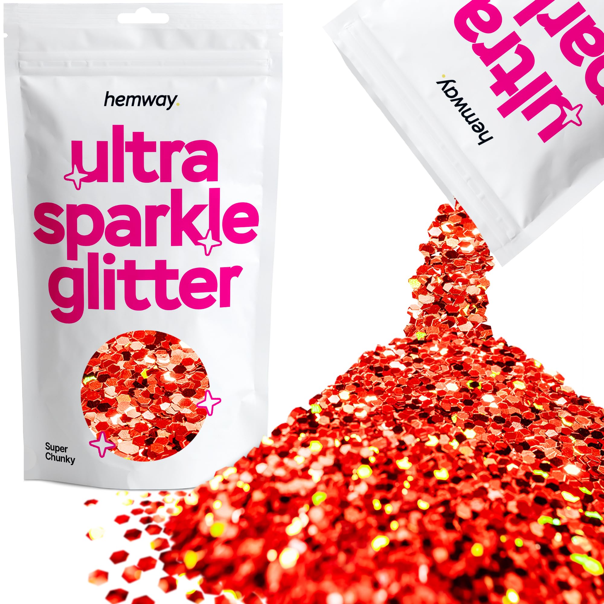 Hemway Ultra Sparkle Glitter Red Holographic 100g Super Chunky | Glitter for Arts & Craft, Makeup, Nail Art, Crafting, Card Making, Sparkle Decoration