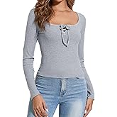 Moreone Women's Square Neck Long Sleeve Crop Tops Ribbed Slim Fitted Fall Outfits Y2K Work T-Shirt Tops