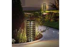 OLYMSOLD Solar Powered Outdoor Floor, 2 Piece Solar Outdoor Floor Lamps Lanterns Waterproof, Resin Wicker Weather-Resistant Rattan Deck Light for Patio, Lawn, Porch, Garden