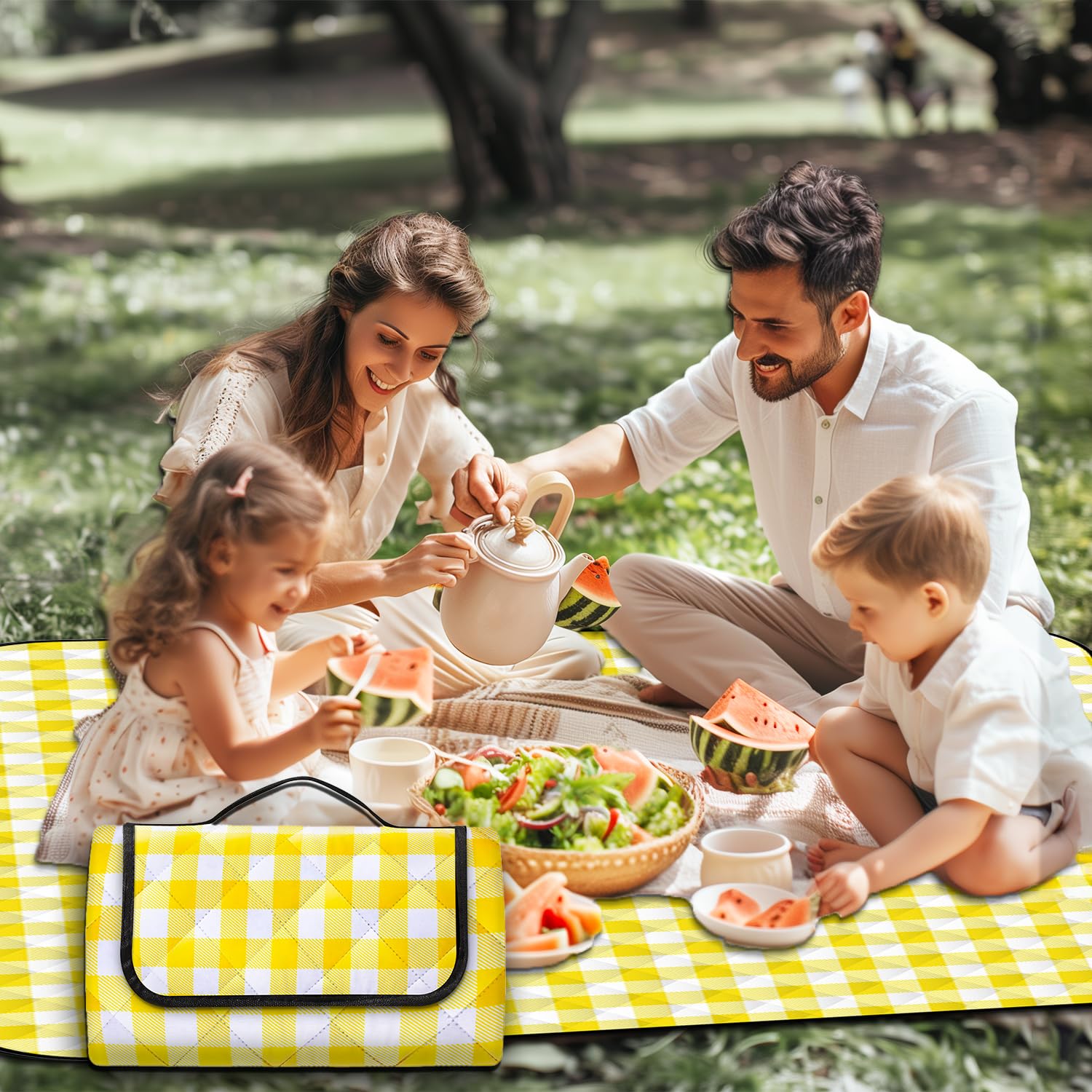 Picnic Blanket, Extra Large Picnic Blankets with Carrying Handle, Waterproof Picnic Mat, Sandproof Machine Washable Beach Rug for Family, Beach, Hiking, Camping, (200x200cm Yellow - Small Plaid)