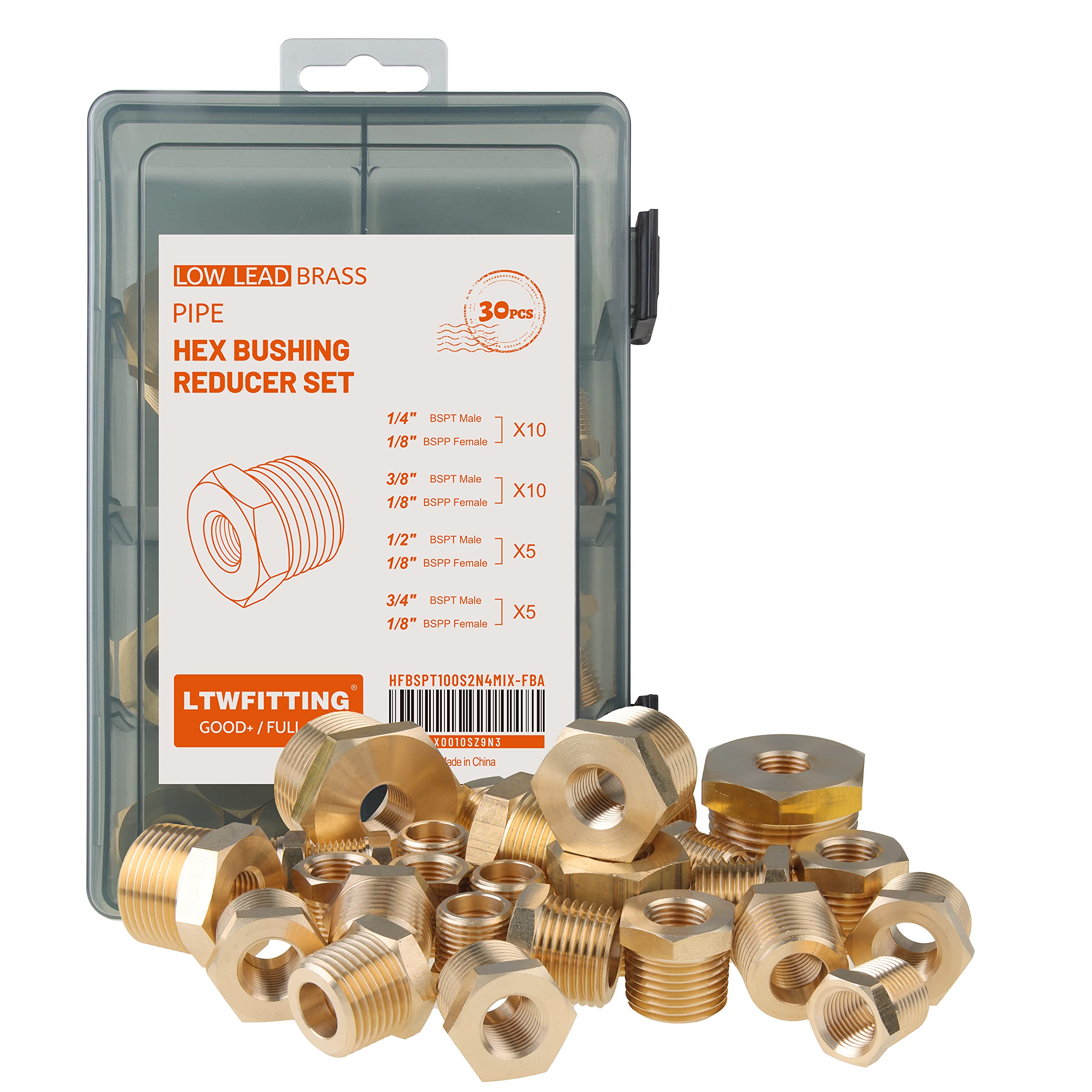 LTWFITTING Brass Hex Bushing Threaded Pipe Reducer Set 3/8-Inch 1/2-Inch 3/4-Inch 1-Inch Male BSPT x 1/4-Inch Female BSPP (Pack of 27)