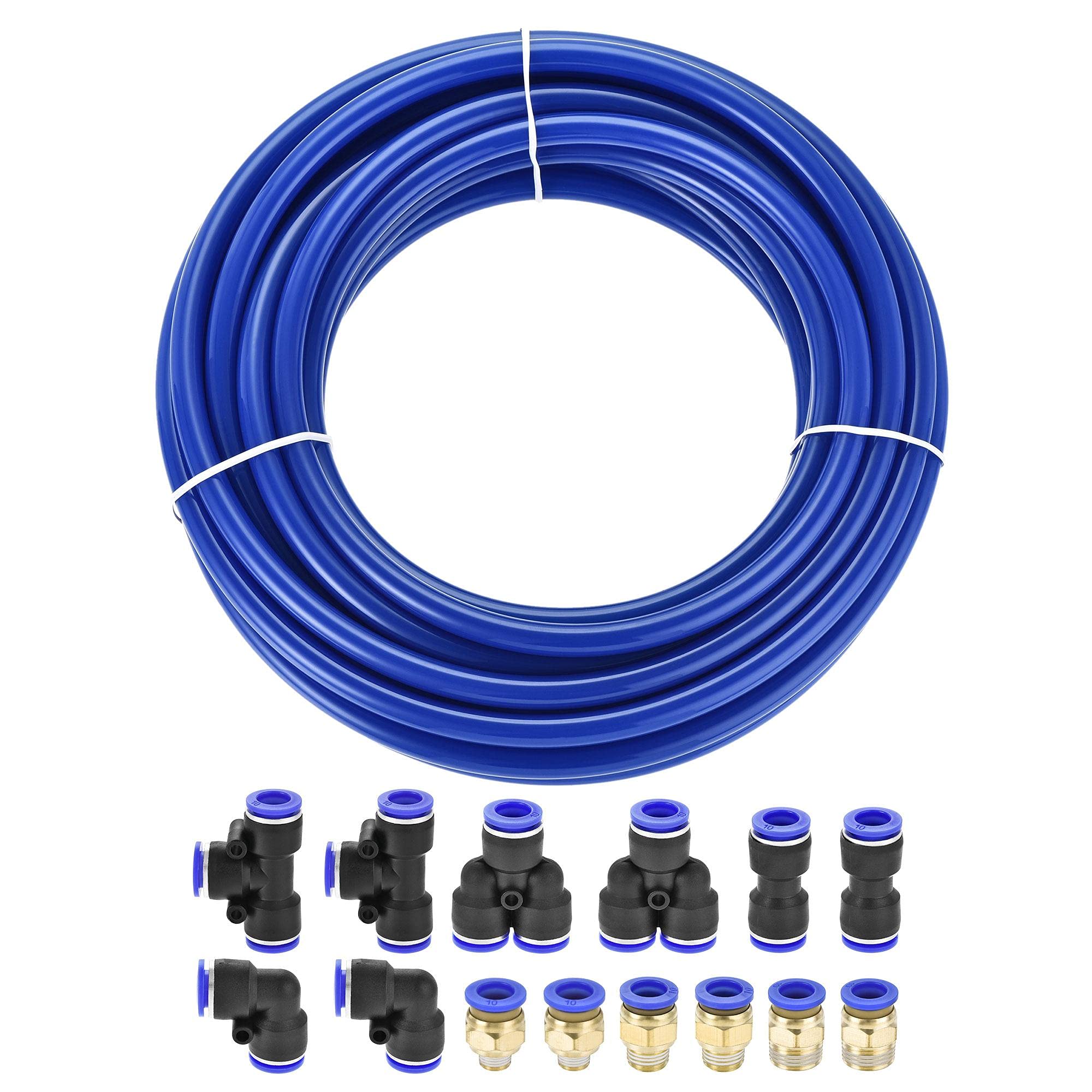 sourcing map Pneumatic 10mm OD Polyurethane PU Air Hose Tubing Kit 10 Meters Blue with 14 Pcs Push to Connect Fittings