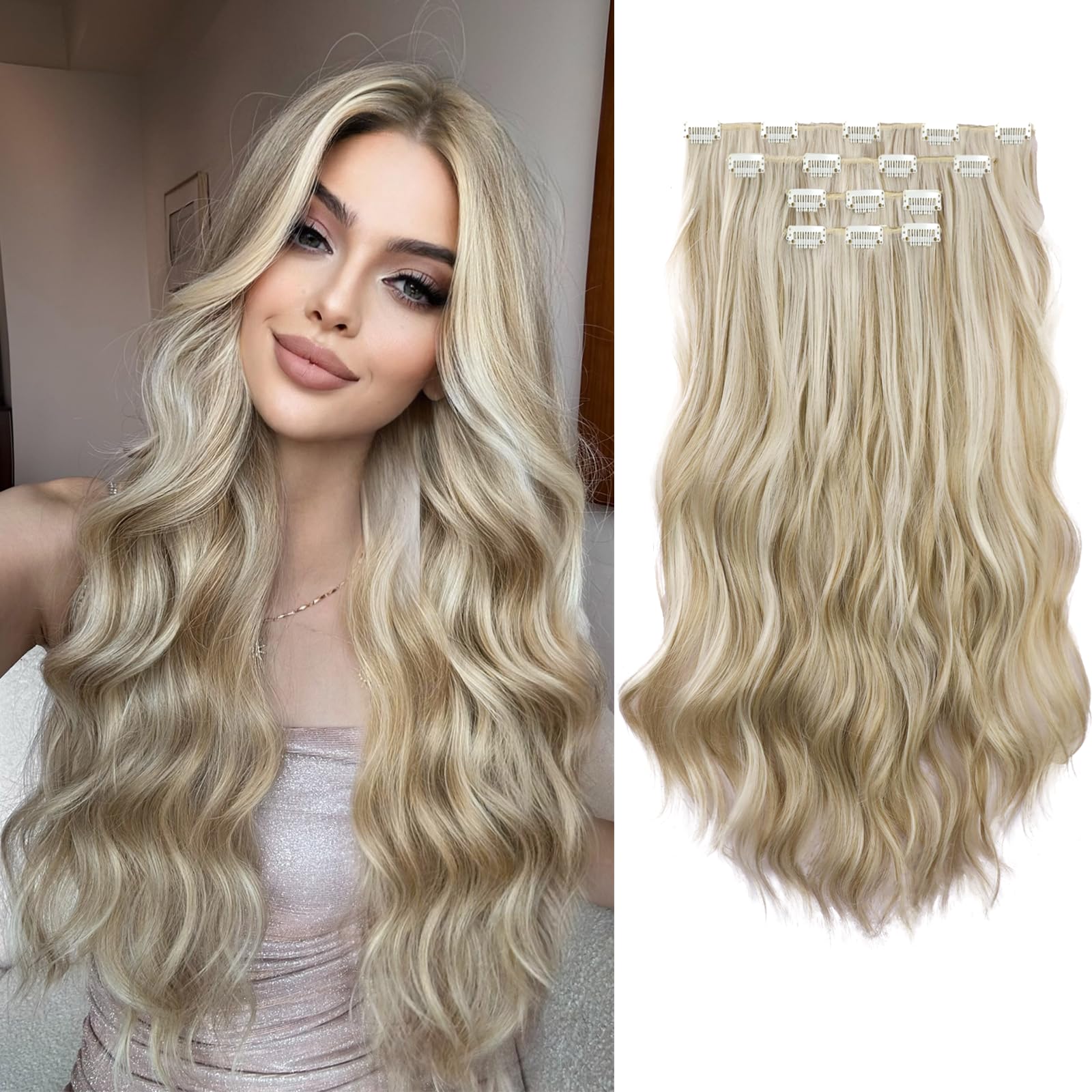 Photo 1 of XIXISNOW Invisible Wavy Clip in Hair Extensions Clip ins 22 Inch Long Synthetic Fiber Curled Clips on Hairpieces for Women 4PCS Heat Resistant Extension Ash Brown mix Platinum Blondefor Daily Use