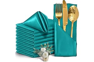 Eychei 12 Pieces Teal Satin Napkins, 17" x 17" Square Table Napkins, Silky Soft Smooth Washable Napkins for Restaurant, Weddings, Dinner, Party Decoration