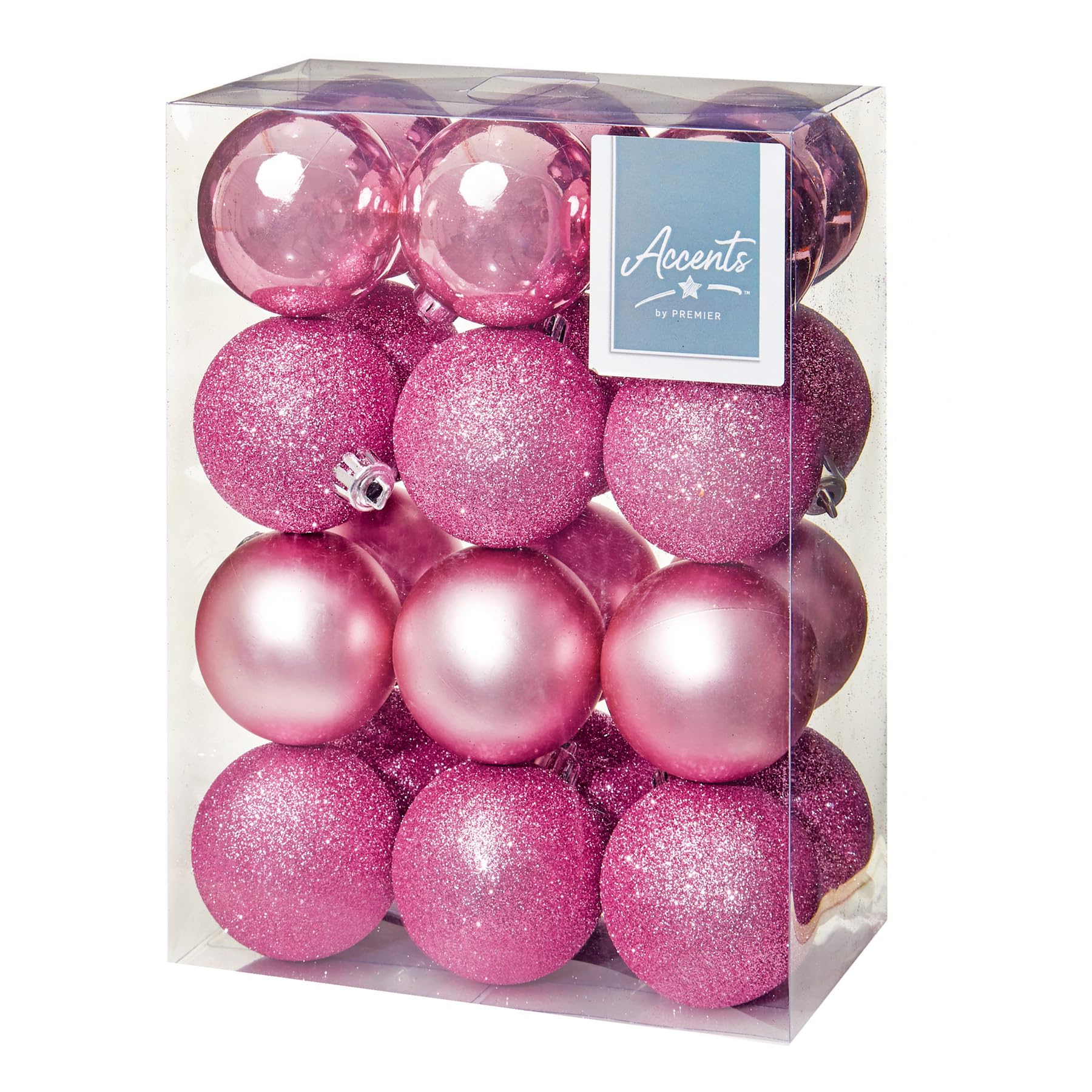 Shatterproof Christmas Baubles 24 Pack 60mm Premier Christmas Tree Decoration, matt, shinny and glitter baubles (Pink 9325)