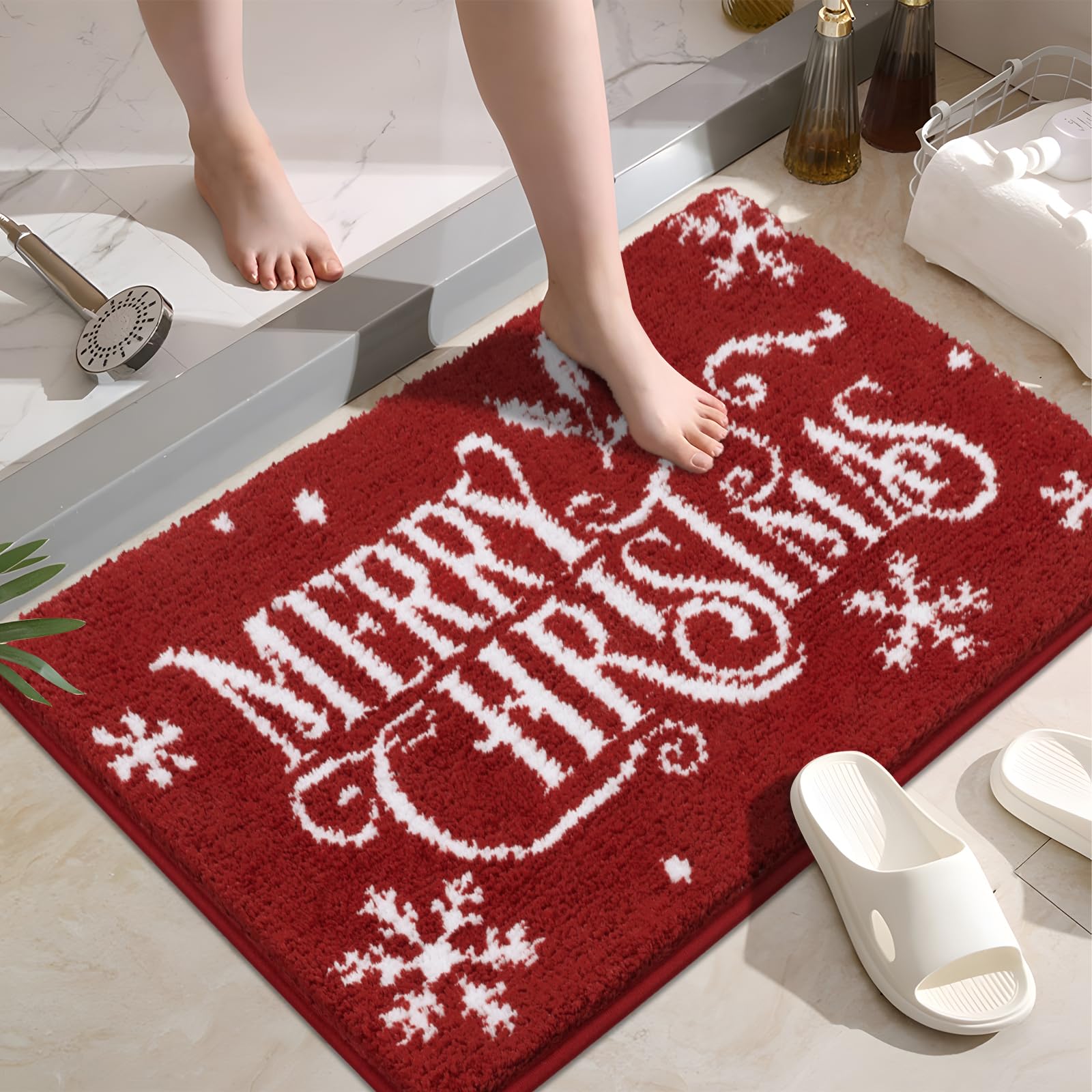 Photo 1 of SHACOS Merry Christmas Bath Rug 16x24, Soft & Absorbent Microfiber Bath Mats Fluffy Plush Non Slip Christmas Essential Bathroom Rugs, Washable Xmas Carpet for Bathroom Floor, 1'4" x 2'