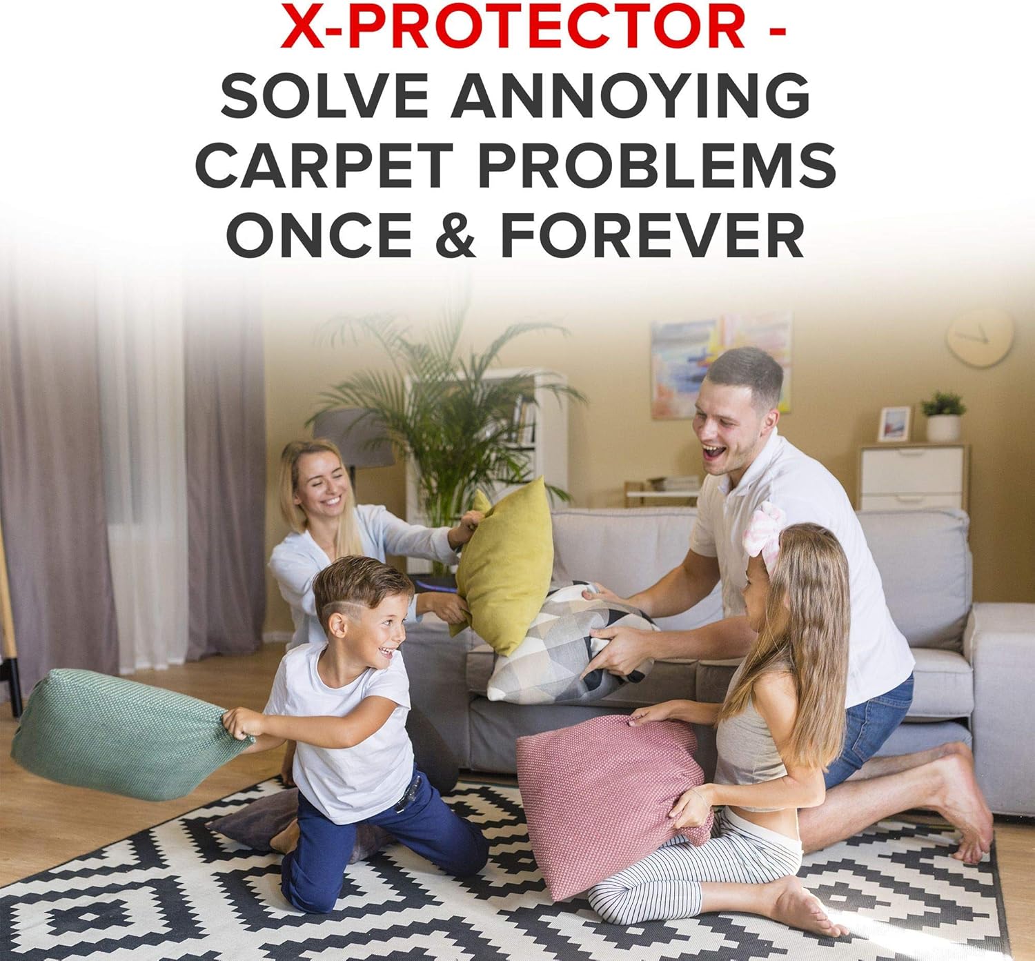 X-Protector Rug Grippers Best 4 pcs Anti Curling Rug Gripper - Keeps Your Rug in Place & Makes Corners Flat -Triangle Carpet Gripper with Renewable Carpet Tape – Ideal Non Slip Rug Pad for Your Rug!: Furniture & Decor