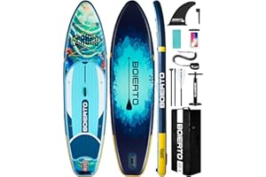 BOIERTO Inflatable Stand Up Paddle Board 10'8“*34"/11'*33" Extra Wide Paddle Boards for Adults, SUP with Premium Accessories & Nylon Backpack, Adjustable Paddle, Hand Pump, Bottom Fin, Leash