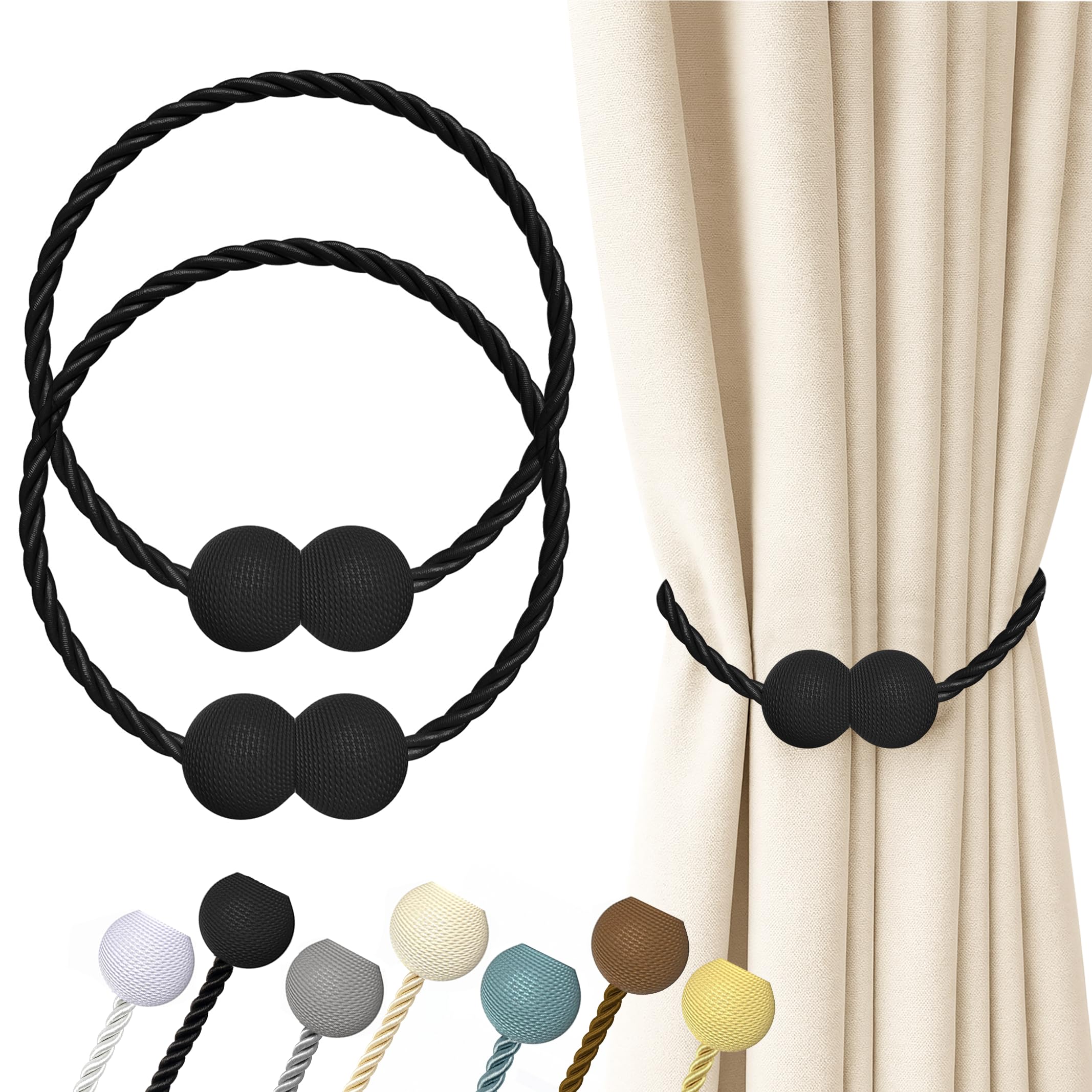 Hion Magnetic Curtain Tiebacks Black 2pcs, Curtain Tiebacks Buckles Holdbacks Holders Hooks Clip for Home Bedroom Office Decorative Curtain