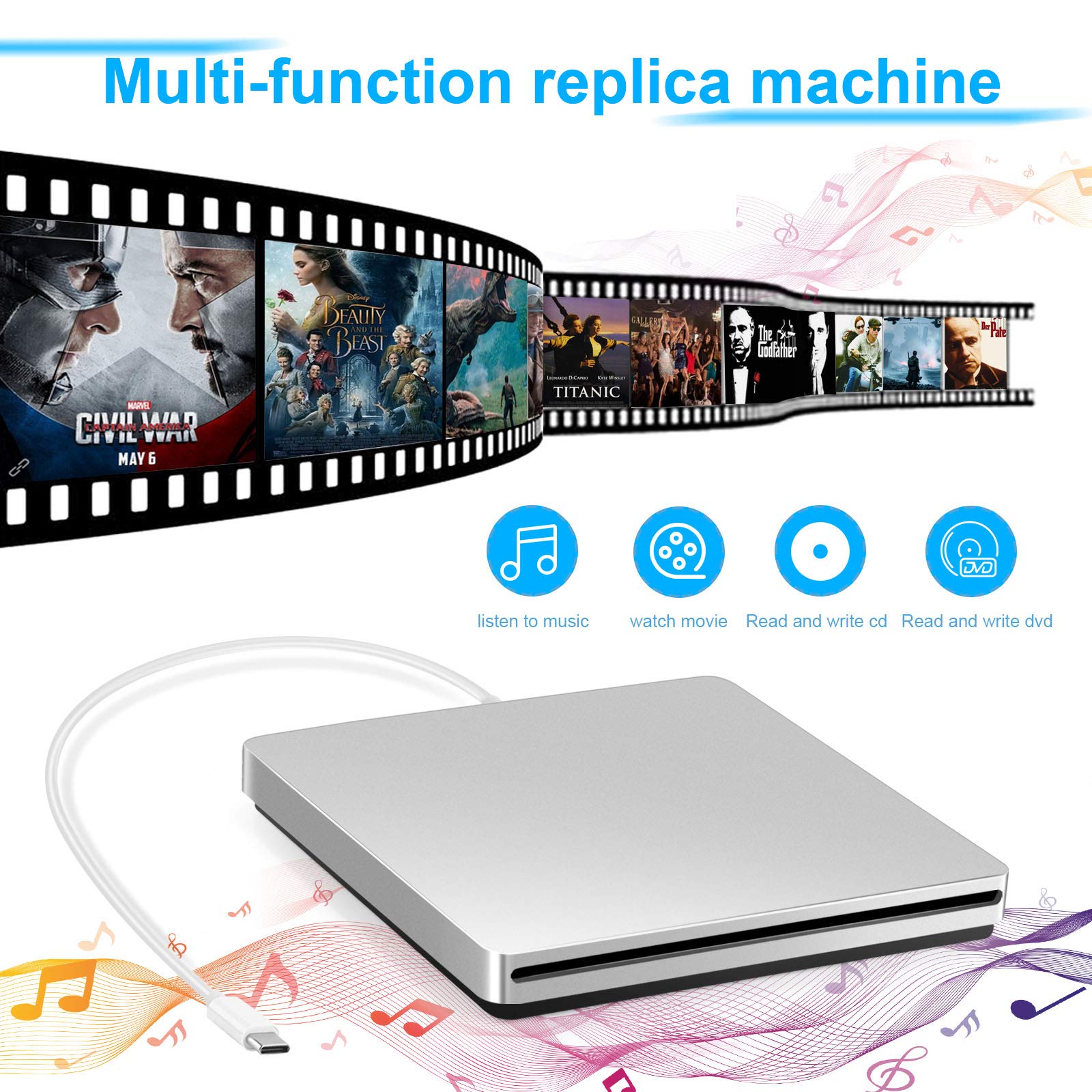 External CD DVD Drive USB C USB 3.0 Slot in Type C Burner Portable Slim DVD CD RAM Writer Reader for iMac Notebook Laptop Desktop Support Mac os Win 7 Win8 Win10 (Sliver)