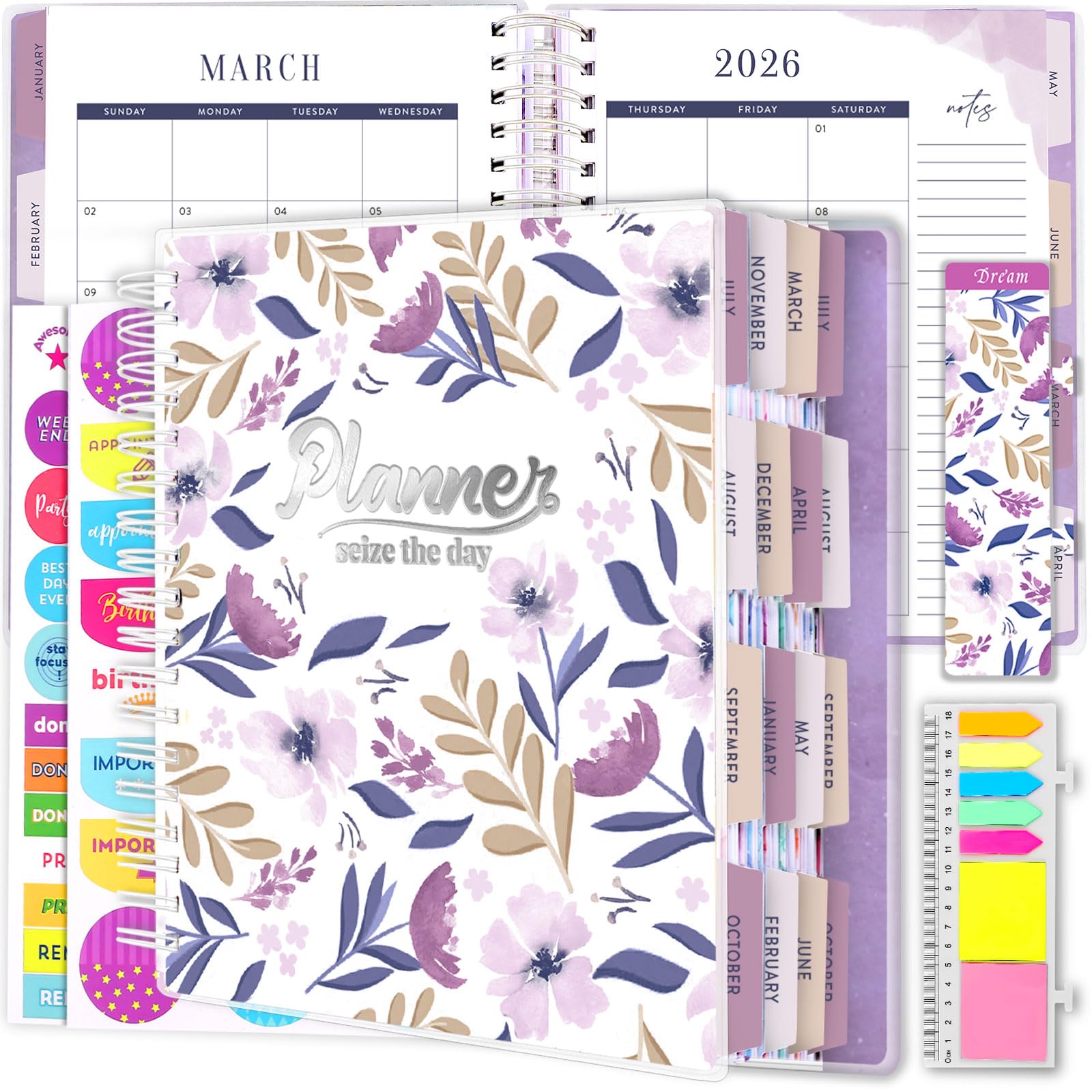 Photo 1 of Planner 2025-2026, 18 Months Large Academic Daily Weekly Monthly Planner Organizer, July. 2025 - Dec. 2026, 8.5x9.8" Agenda with Page Tabs, Separator Page, Pocket Folder, Bookmark, Stickers & Sticky Note Set