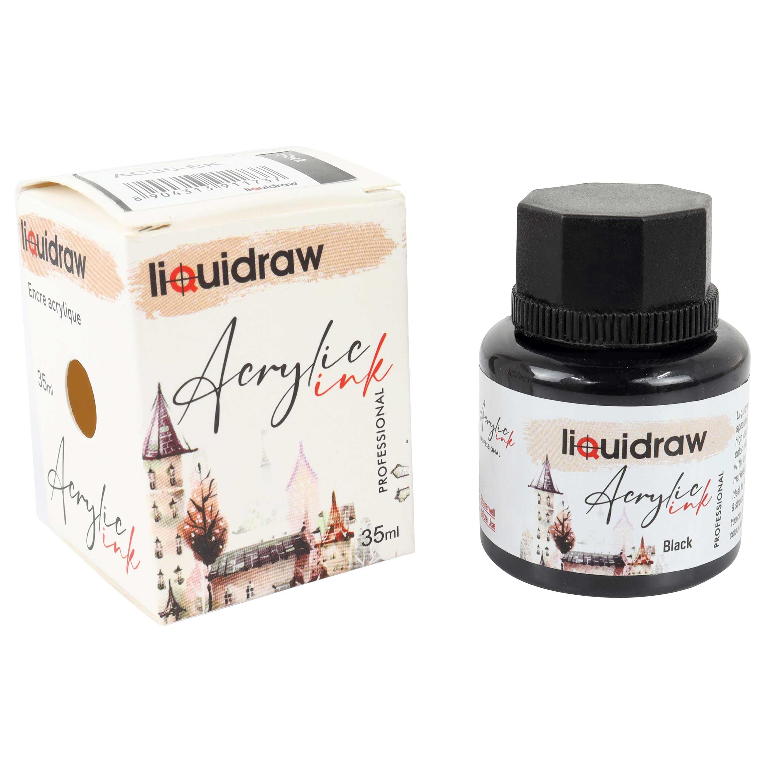 Liquidraw Acrylic Inks for Artists 20 Colours Black White Available Waterproof Ink 35ml Professional for Painting, Drawing, Paints, Art, Brushes, Paper, Board, Canvas, Fabric & Wood (Black)