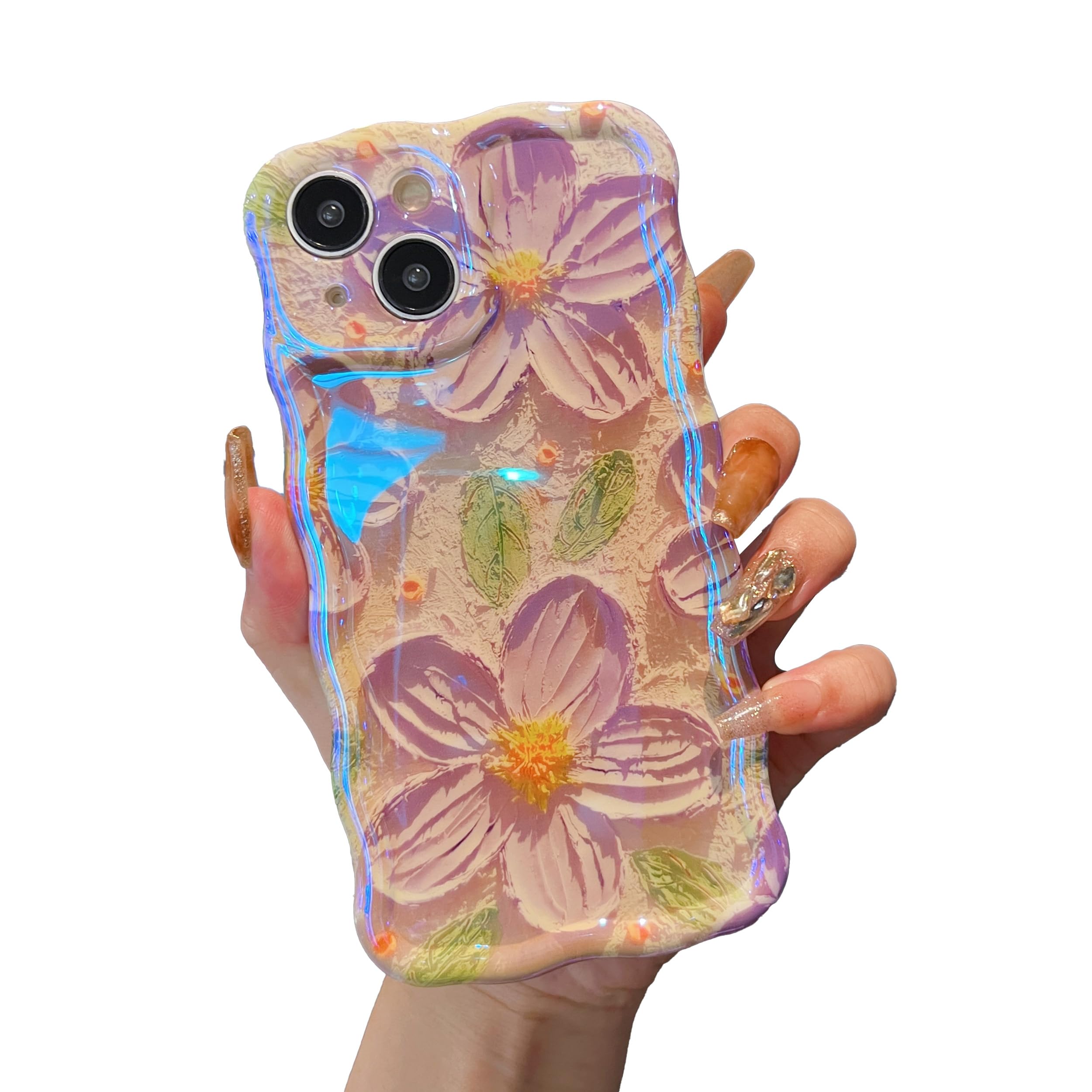 XIZYO Colorful Retro Oil Painting Flower Case for iPhone 14 Plus/15 Plus, Curly Wave Laser Glossy Cute Floral Aesthetic Phone Case, Girls Women Slim Soft TPU Shockproof Cover, Purple Flower/Yellow