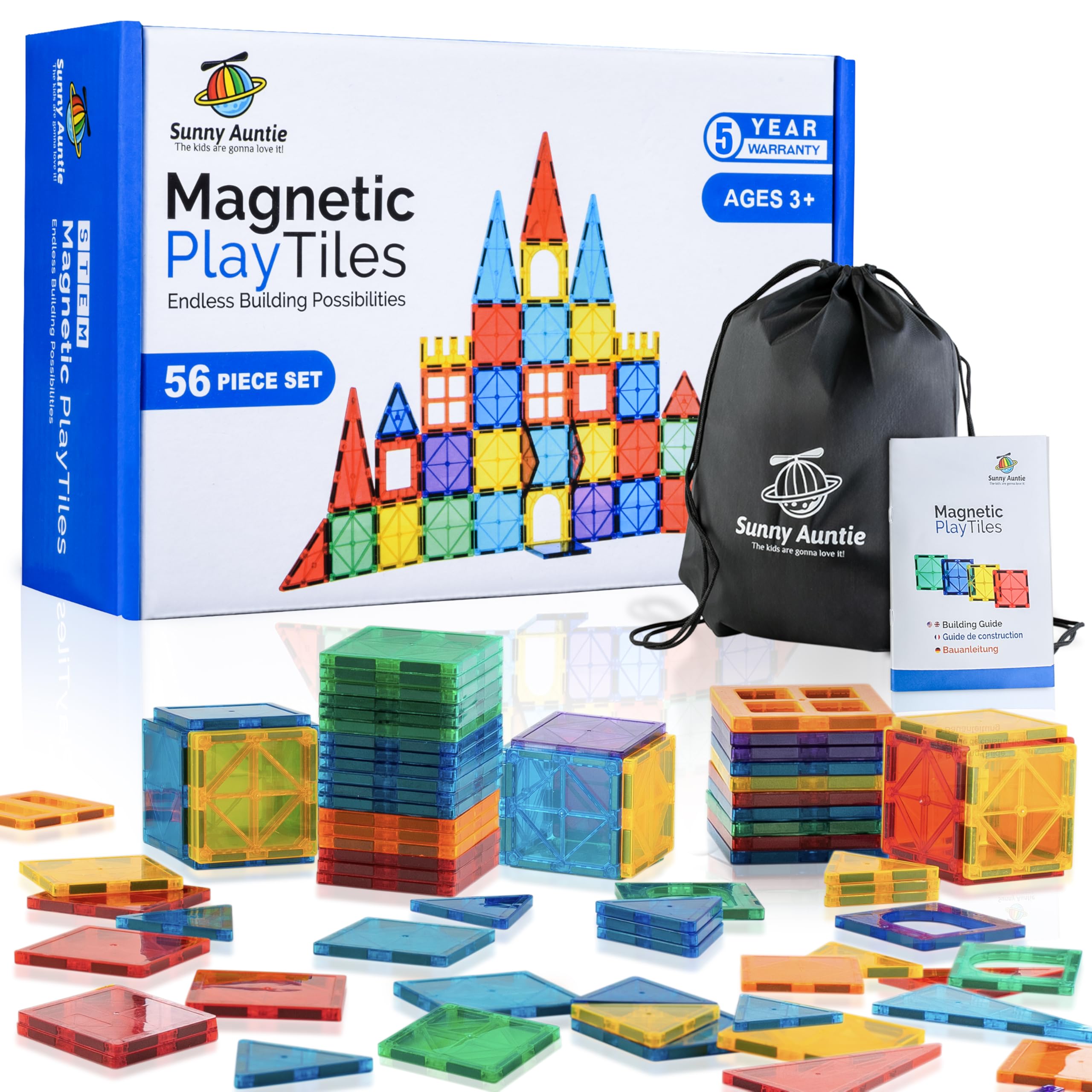 SUNNY AUNTIE Magnetic Tiles 56 PCS, Toy for 3 4 5 6 Year Old Boys Girls Kids & Toddlers, Magnetic Blocks Building Set for kids, STEM Educational Building Toy, Great Gift for Kids Aged 3-8