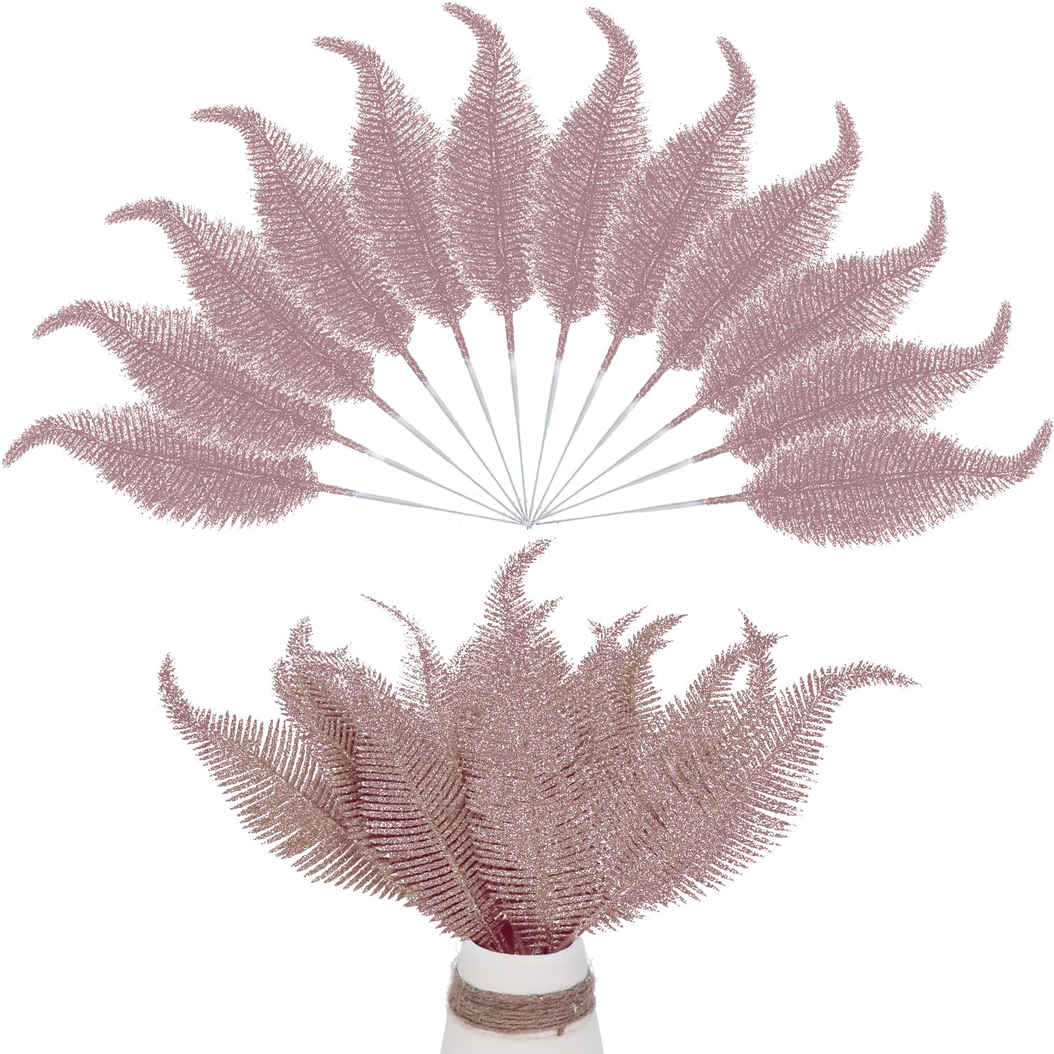 12 Pieces Christmas Tree Feathers Decorations Artificial Glitter Leaves Picks Christmas Giant Baubles Ornament for DIY Accessories Christmas Tree Flower Arrangements Wreath Garland (Rose Gold)
