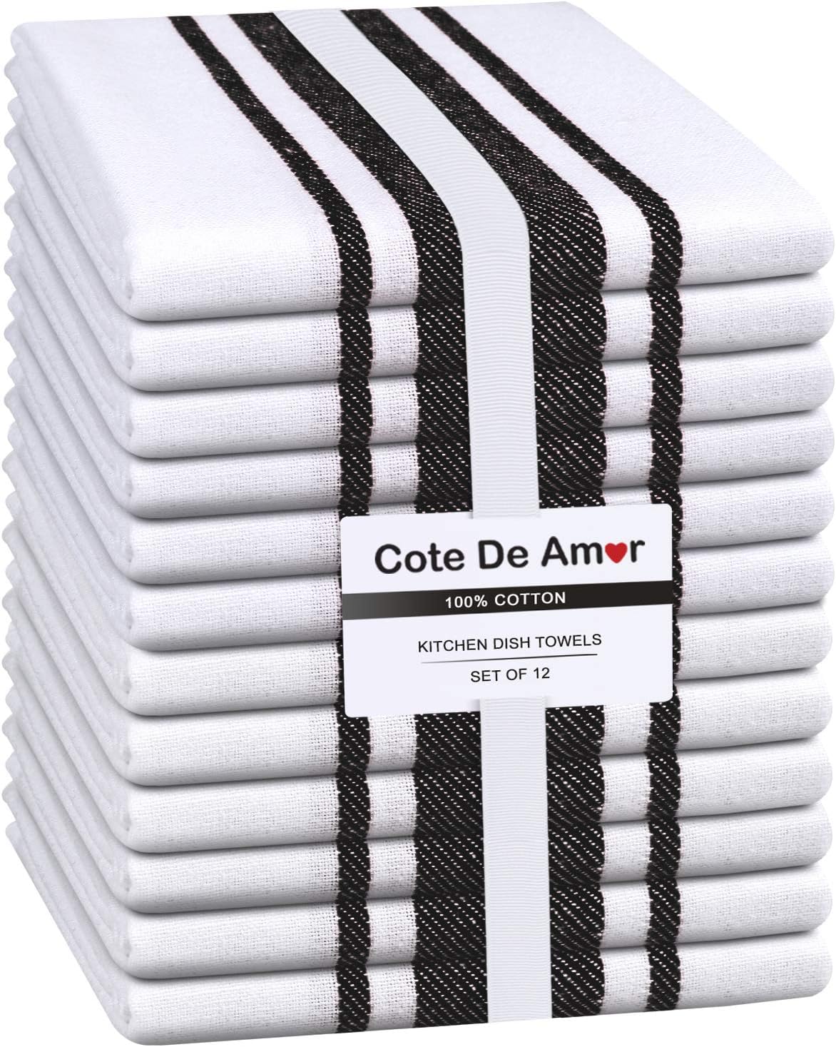 Linen Hub Set of 12 Kitchen Dish Towels Cotton 15x25 Absorbent Durable Washable, Tea Towels, Dish Cloths, Bar Towels, Cleaning Towels, Kitchen Towels with Hanging Loop, Black White