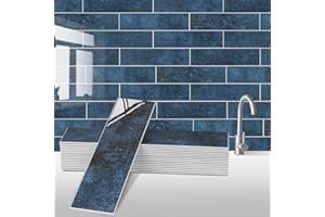 AllDecoo 24-Pieces Peel and Stick Tiles for Kitchen Backsplash, New Upgrade Design 12" x 3"PVC Subway Backsplash Tiles, Marble Blue Premium Finger Tiles, Peel and Stick Backsplash for Kitchen (Blue).