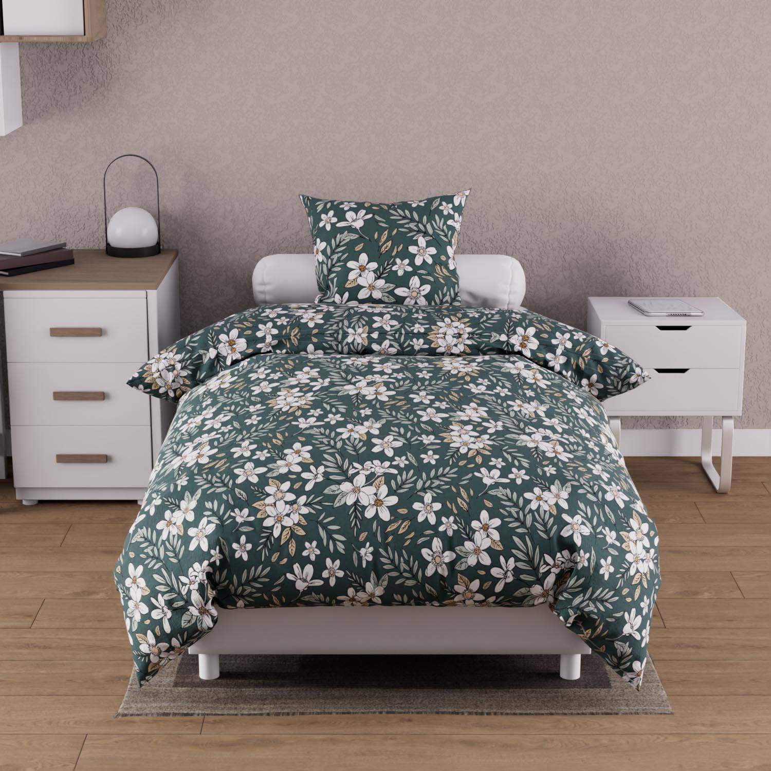 Soleil d'ocre, Manon Cotton Duvet Cover Set 57 Thread Count 140 x 200 cm Green