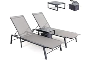 Brafab Outdoor Lounge Chair Set - 3 Pieces Aluminum Patio Chaise Chairs Set, Pool Loungers with Side Table & Insulated Cooler Bag, Adjustable Backrest Beach Chair for Poolside Garden Lawn Deck, Grey