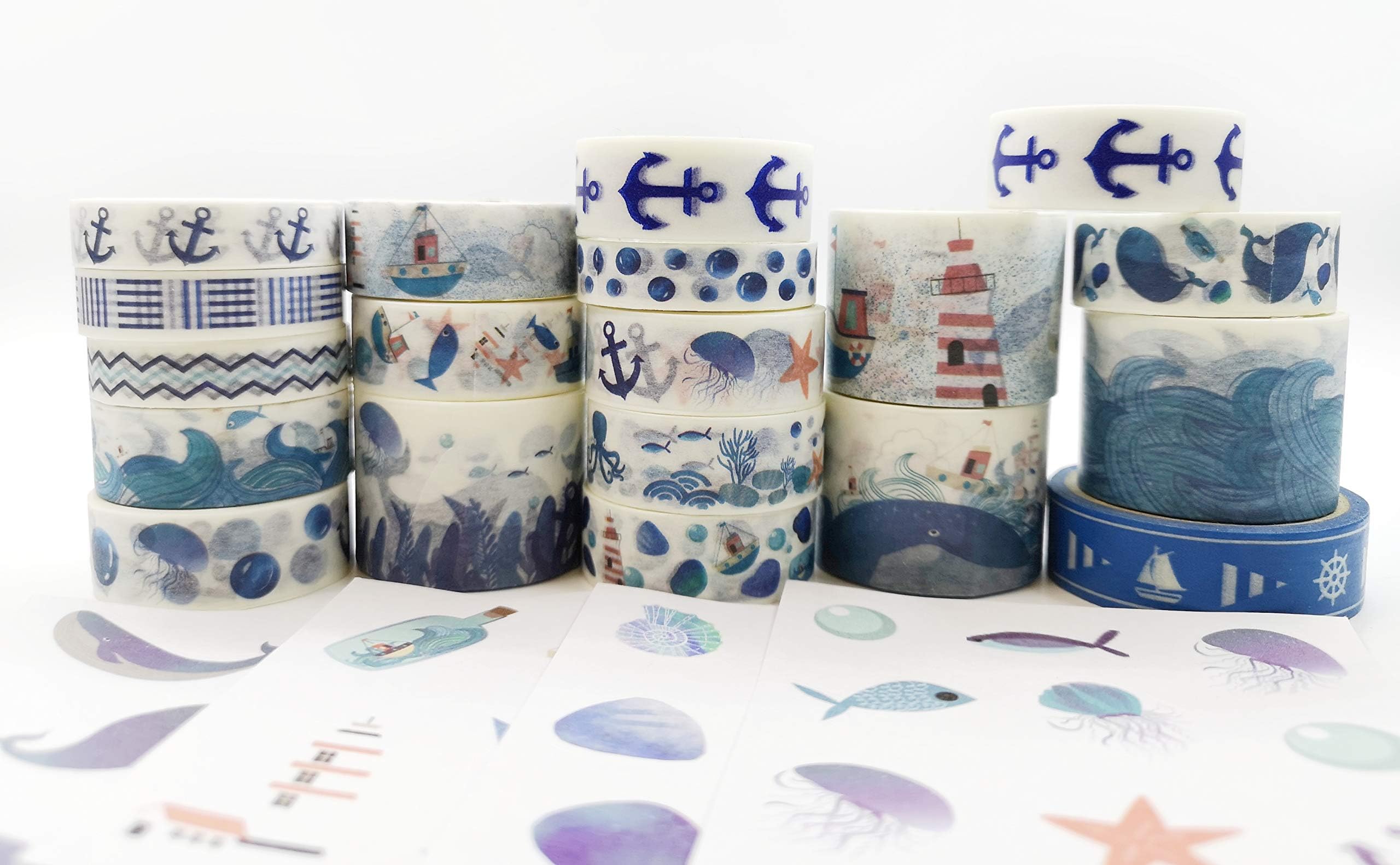 Sea/Beach Nautical Washi Tape, Sticker Tape Roll, Washi Tape Set, 23 Rolls of Washi Tape & 8 Sheets of Die Cut Stickers - Serenity Fair