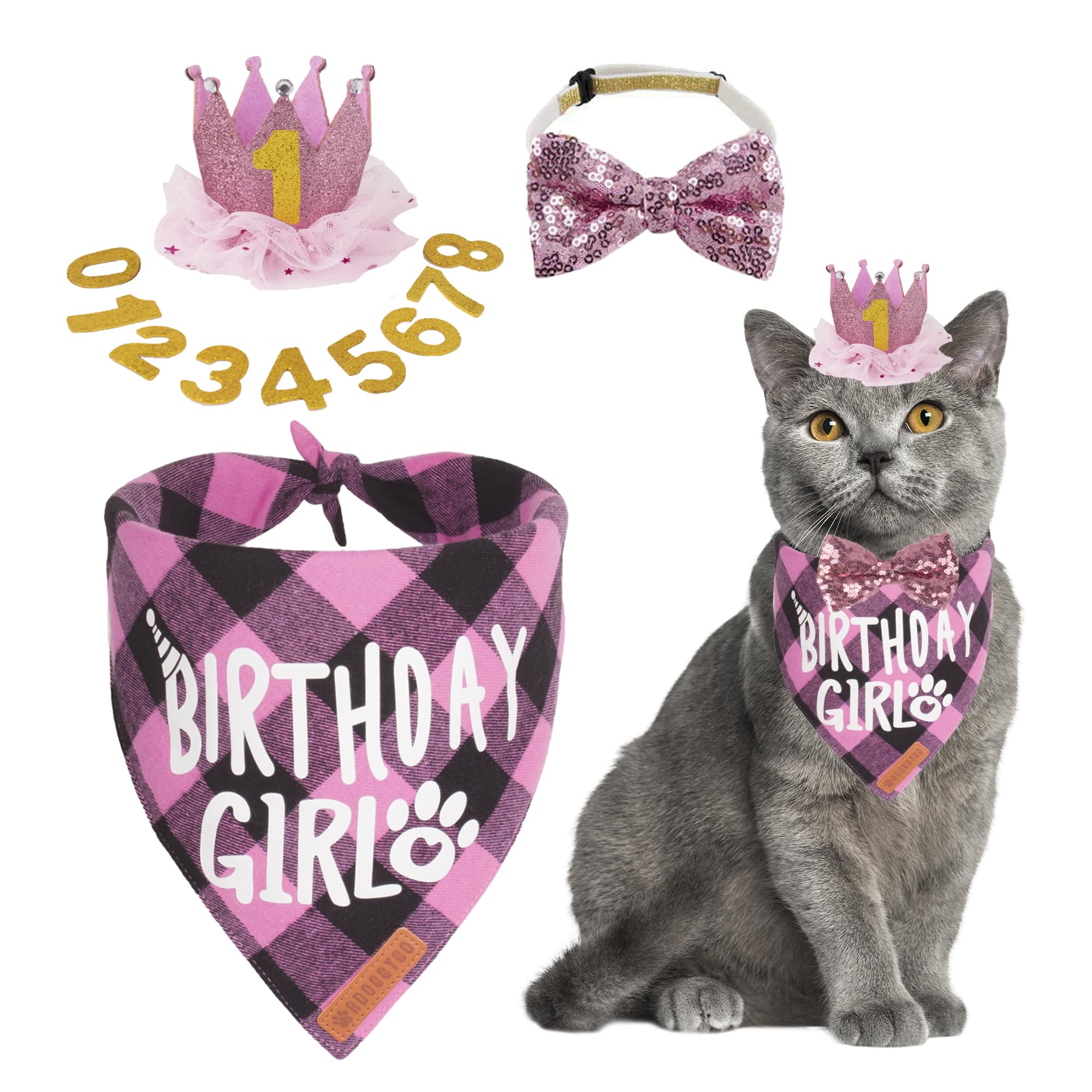 Photo 1 of ADOGGYGO Cat Birthday Party Supplies, Birthday Girl Plaid Kitten Bandana, Pink Cat Party Hat with Numbers, Bowtie (Pink)
