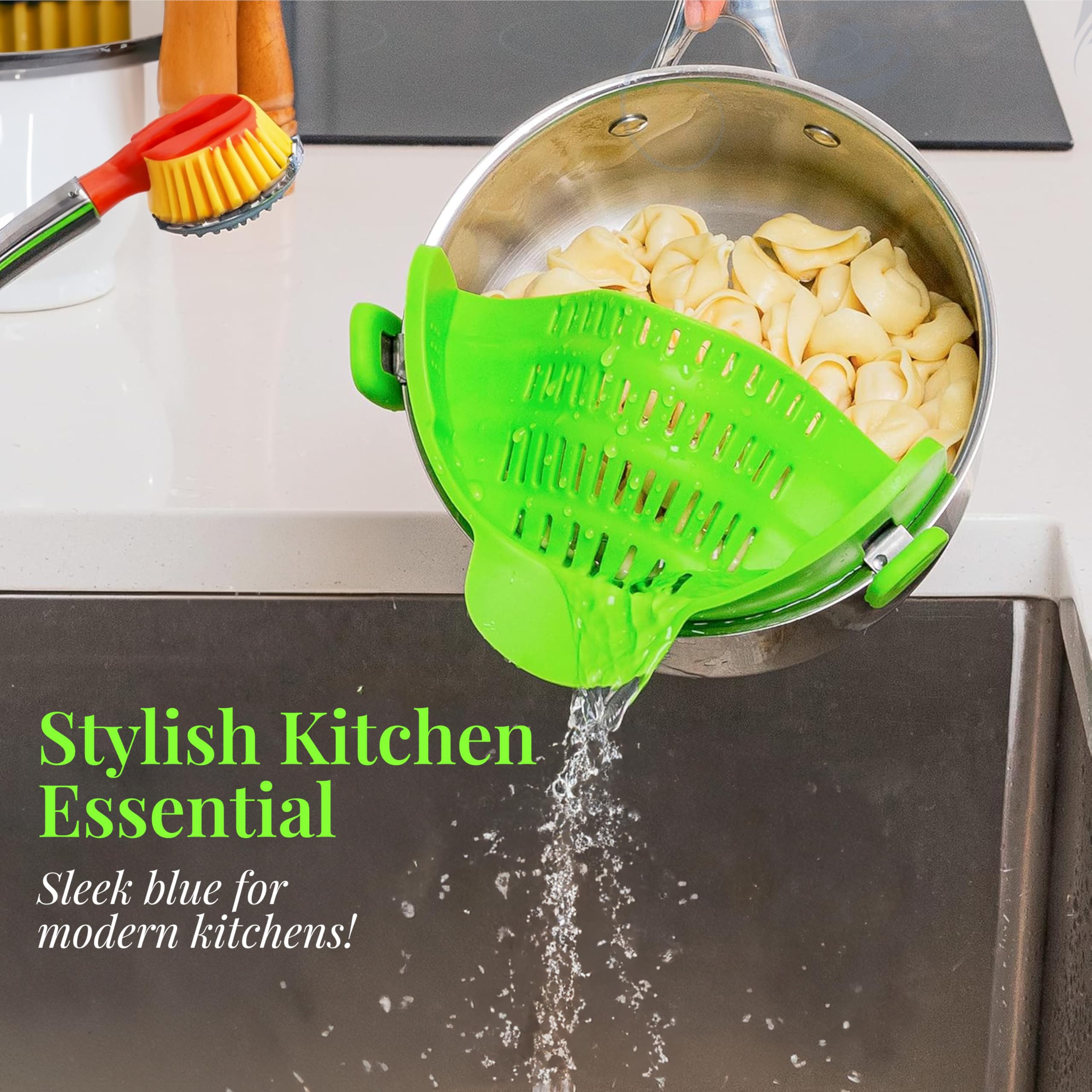 Kitchen Gizmo Snap N' Strain Clip On Strainer for Pots and Pans - Collapsible Silicone Pasta Strainer and Kitchen Gadget for Cooking - Easy to Use, Heat Resistant and Space Saving Colander - Green