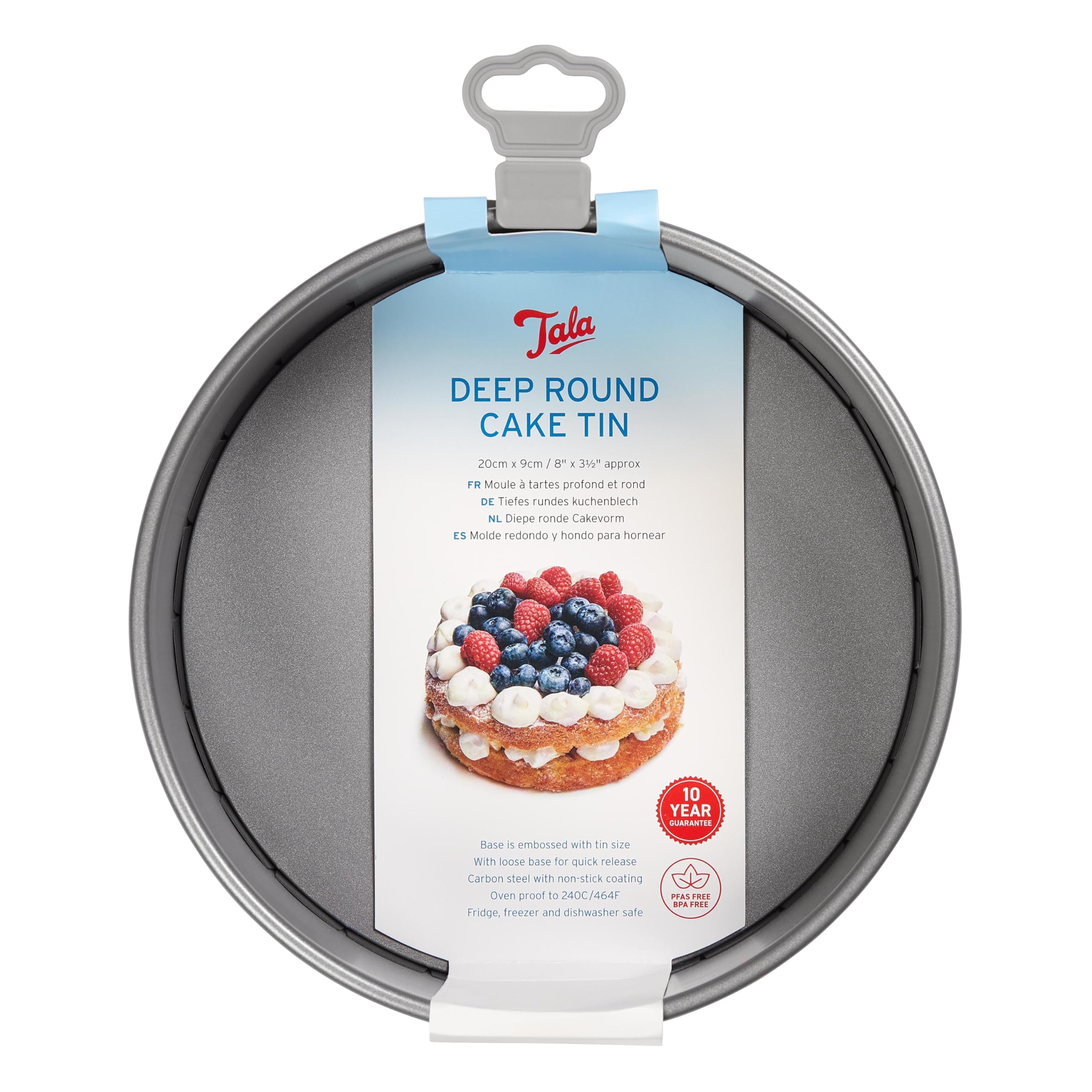 Tala Deep Cake Tin, Loose Bottom Cake Tin - Tall Non-Stick Cake Pan with Removable Base - Even Heat Distribution - Carbon Steel Baking Tray, Fridge & Freezer Safe, 21.6 x21.6 x 8.91 cm