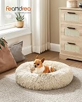 Feandrea Donut Dog Bed Cat Bed 60 cm Fluffy Long Plush Khaki view 2