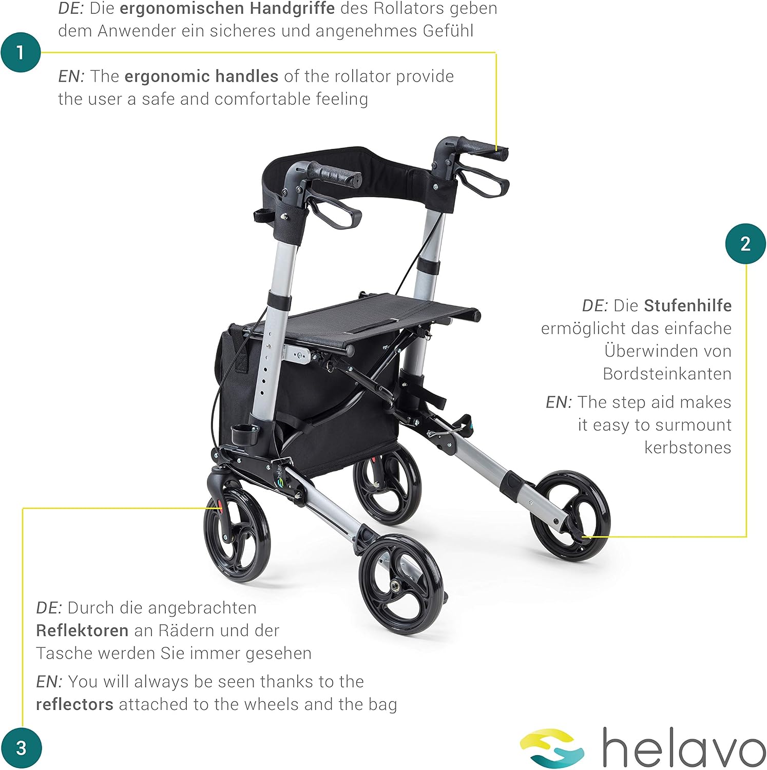 Helavo 4-Wheel Rollator Walker with Seat - Foldable, Adjustable & Lightweight Aluminum Rolling Walker for Seniors and Adults - Image 3