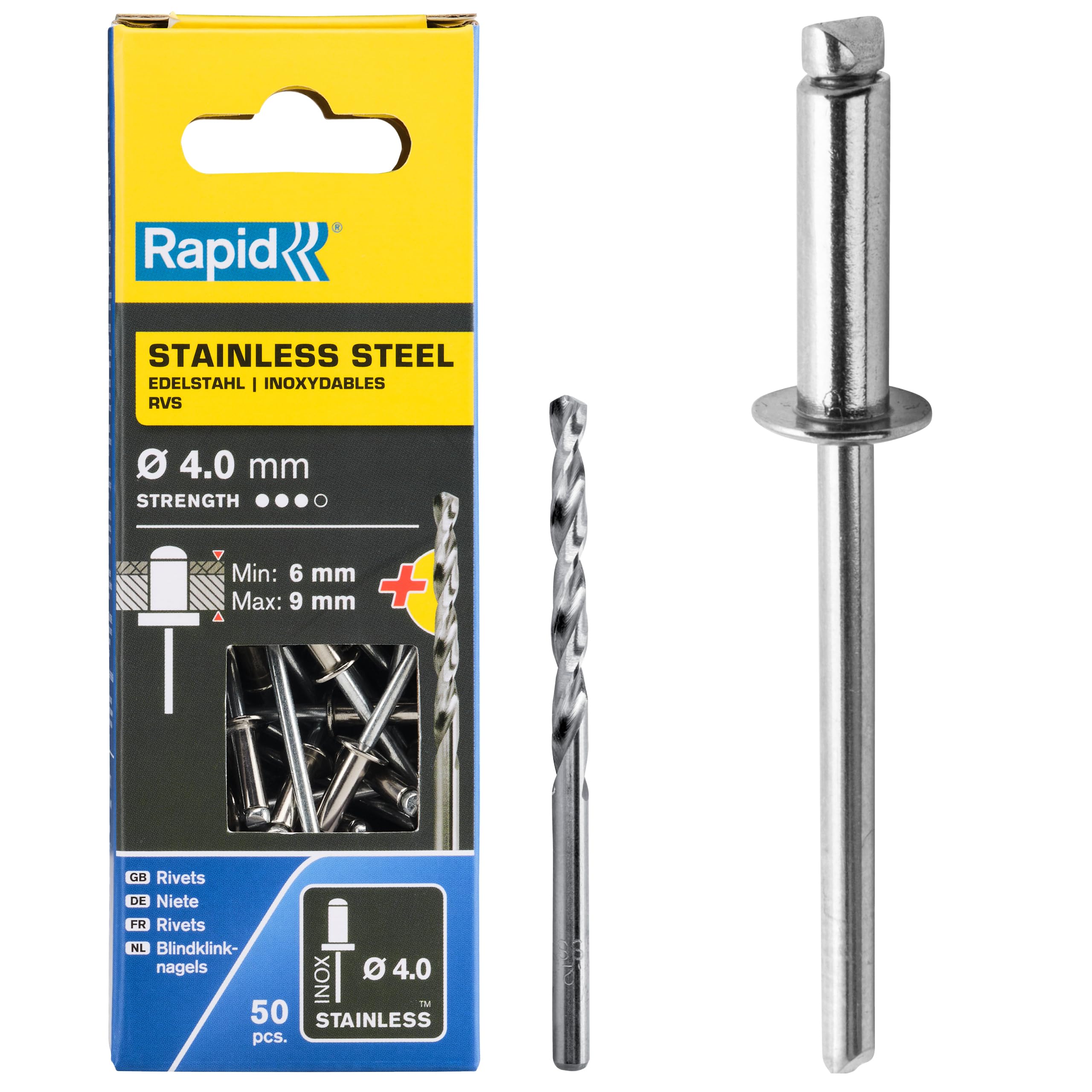 Rapid Rivets Stainless Steel Including Drill Bit, 4 x 12 mm, 5000394 - 50 Pieces