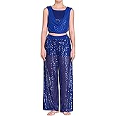 ODASDO Women Lyrical Dance Costumes Modern Contemporary Dancewear Draped Front Tank Top Sequin Wide Leg Pants 2pcs Set