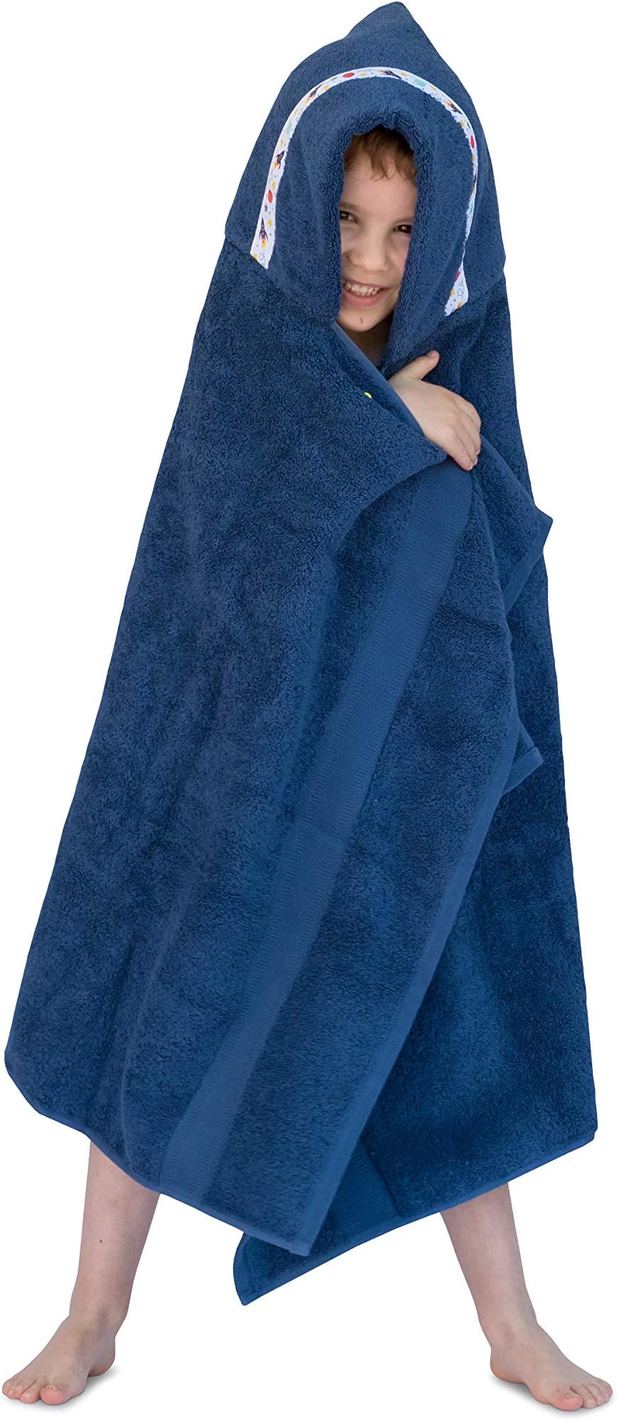 Hooded Owls large hooded towel for children, 1-8yrs, navy with Dinosaurs trim