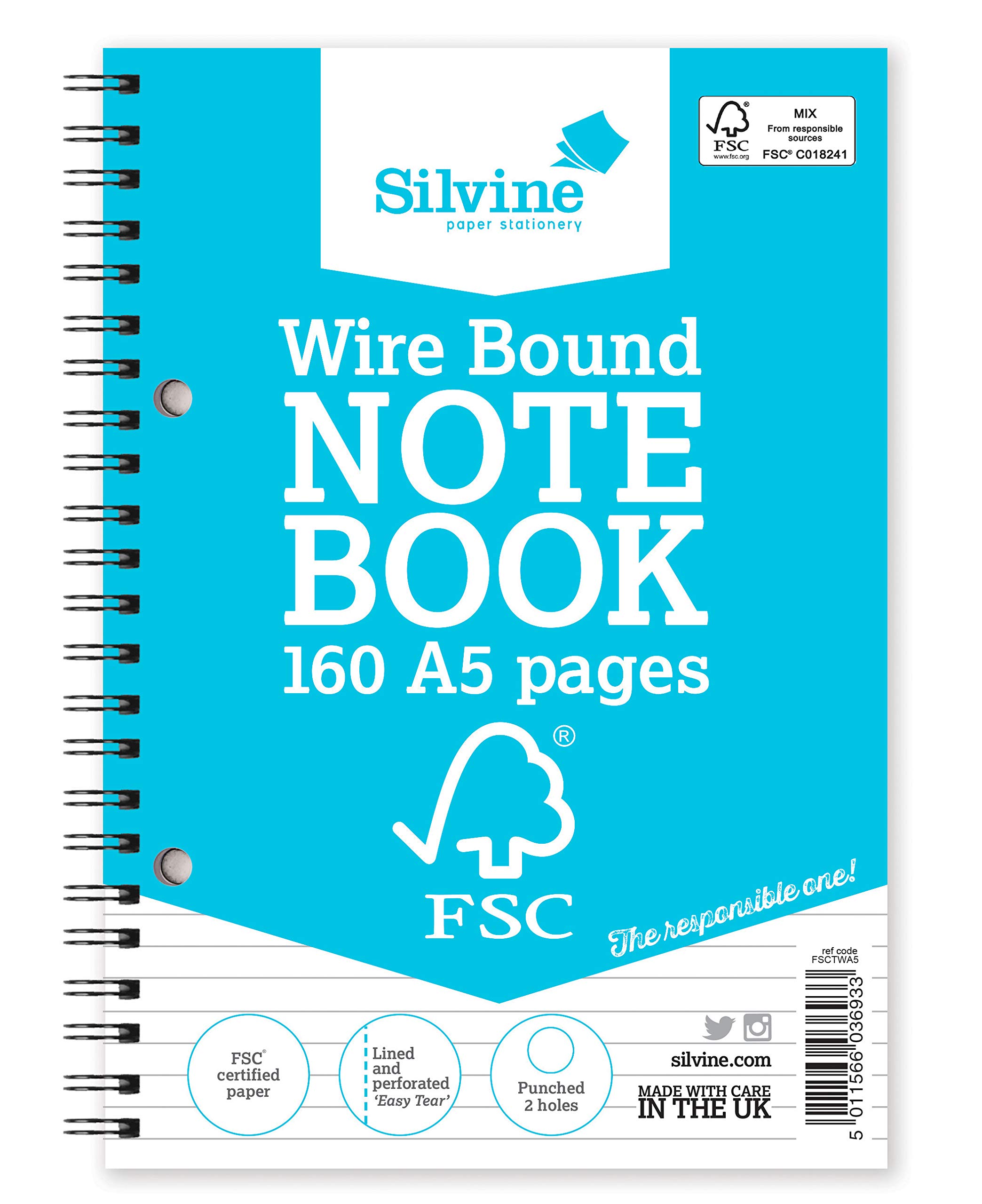Silvine A5 Everyday FSC Twin Wire Notebook - Ruled 8mm Feint, 160 Pages of FSC Certified Paper. Ref FSCTWA5 [Pack of 5], a5 wirebound