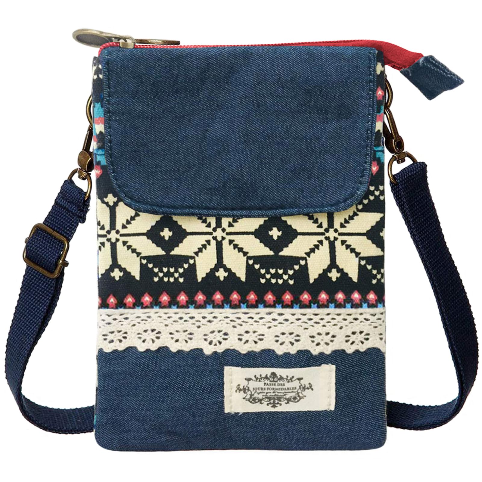 KXF Cell Phone Pouch Purse Wallet Canvas Zipper Ethnic Style Small Crossbody Messenger Bag Mini Shoulder Bag with Adjustable Shoulder Strap for Women Girls