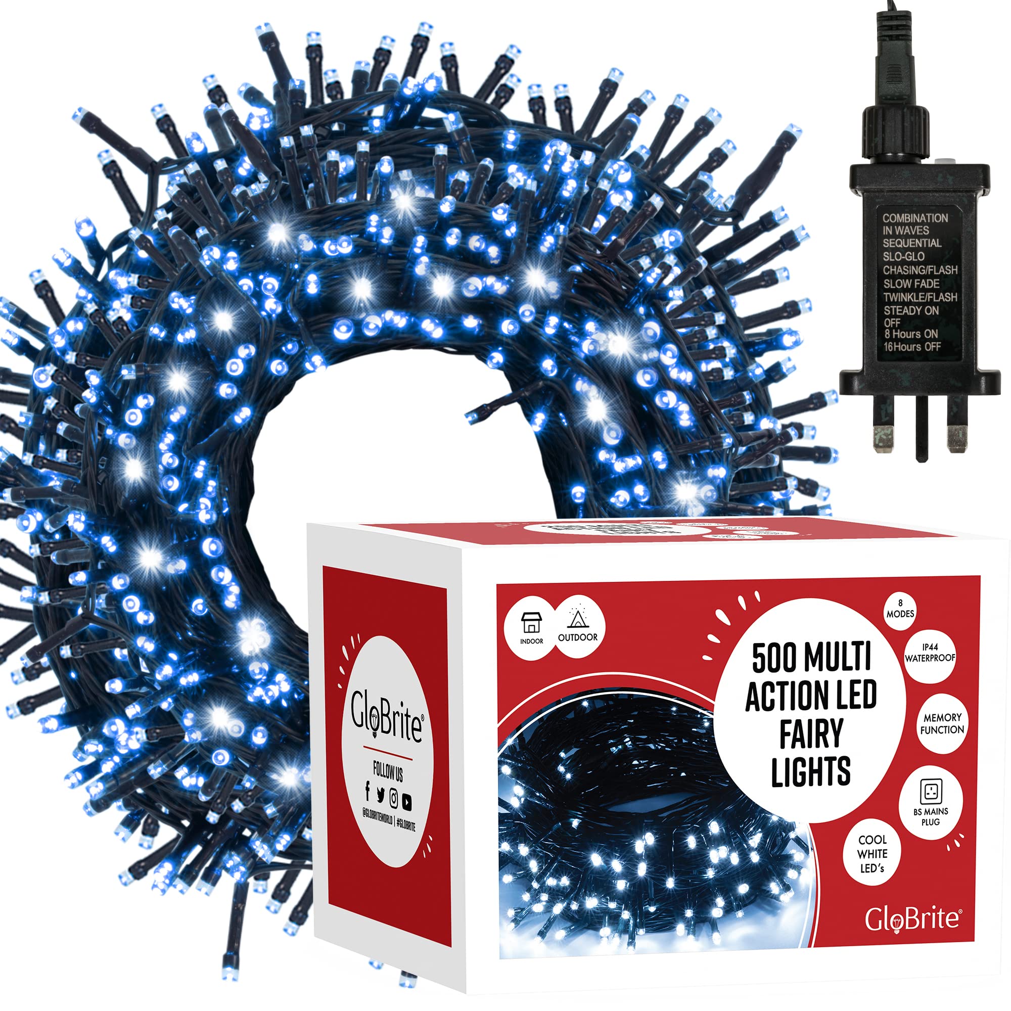 GloBrite 500 LED Fairy Lights - Versatile Christmas Lights with 8 Modes, Outdoor Fairy Lights, Christmas Tree Lights and Christmas Decorations - Waterproof Christmas Lights Outdoor - Cool White
