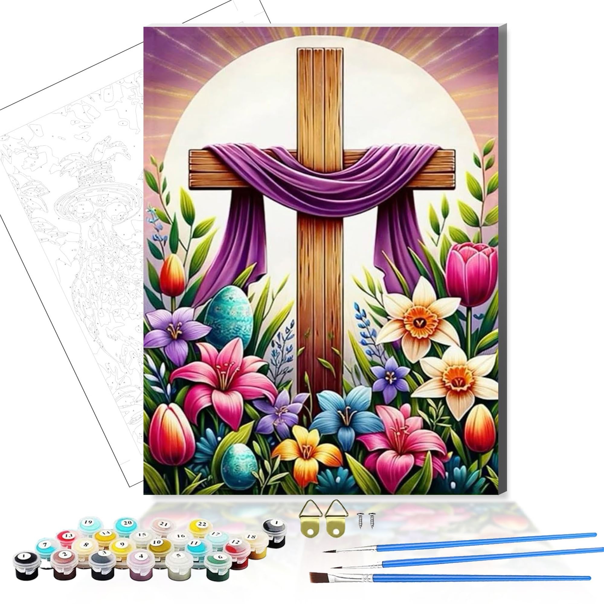 WUJIEJ Wooden Framed Adult Paint by Numbers Kits,Easy Painting by Number Kits on Canvas,Color by Numbers Acrylic Watercolor Gifts for Friends Home Wall Decor (Easter Cross with Flowers)