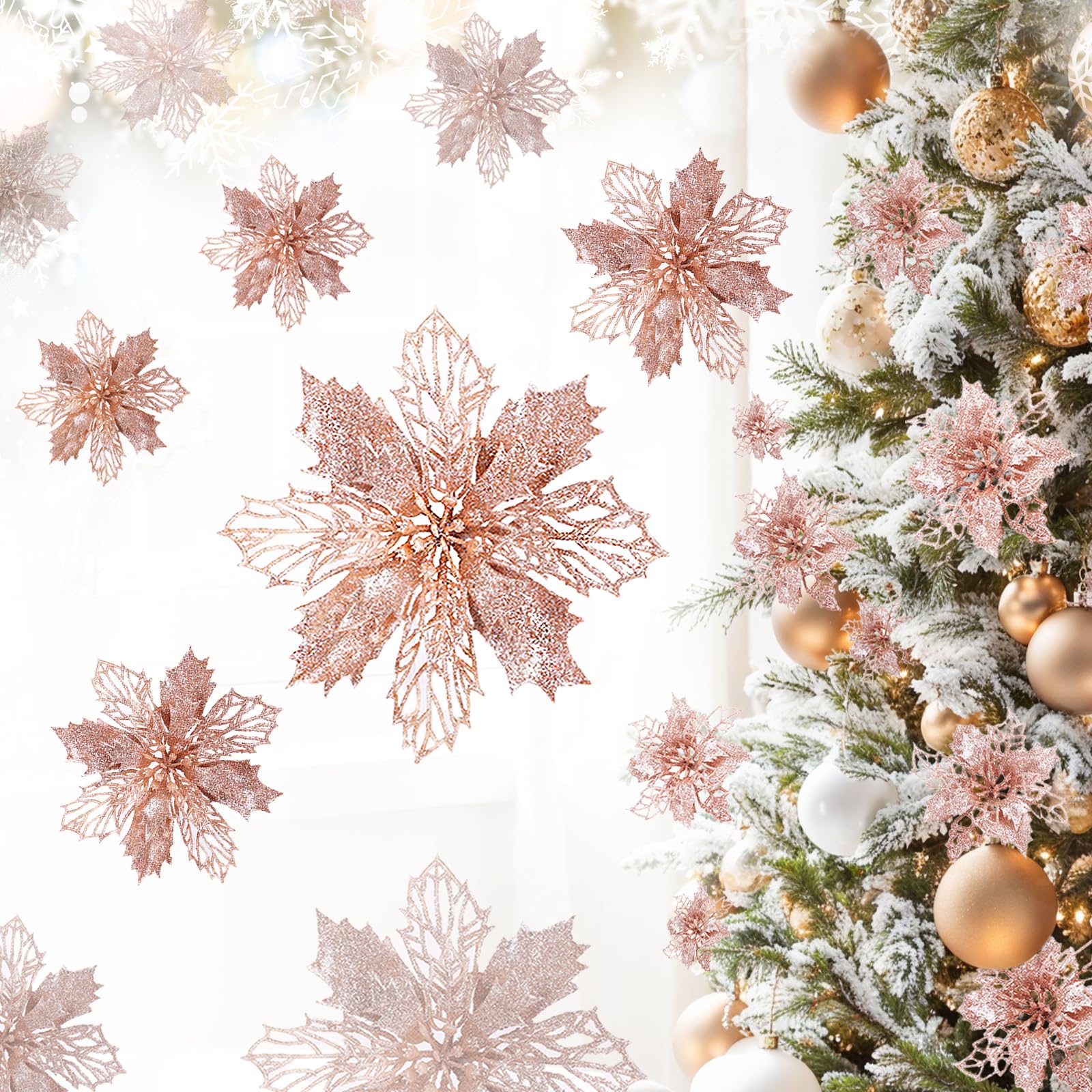 GWHOLE 21 Pack of Christmas Artificial Poinsettia Flowers Pink Christmas Decoration with Clips Glitter Poinsettia for Tree Decorations Mantel Wreath Crafts Decor