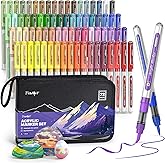 JusArt 72 Colors Acrylic Paint Markers with Canvas Bag, Water-Based No-Bleed Paint Pens with Automatic Ink Control, Waterproof Brush Tip Markers for DIY Art & Crafts -Fabric, Rock, Wood, Glass, Metal